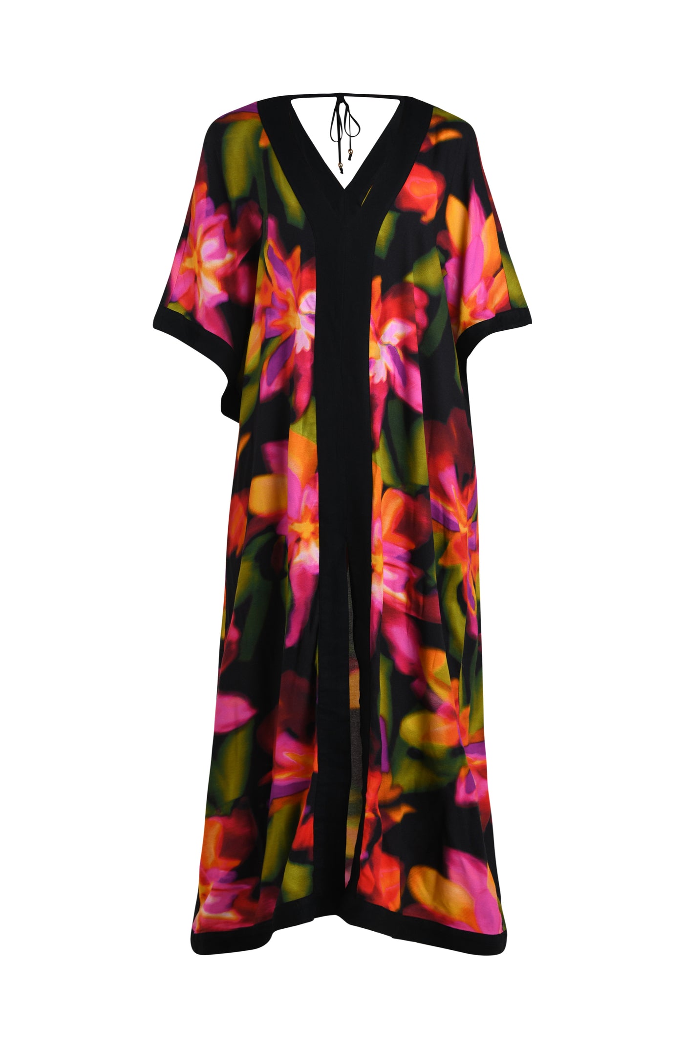 
                  
                    Floating image of a long maxi dress-style cover-up featuring a deep V-neckline and vibrant oversized floral print. 
                  
                
