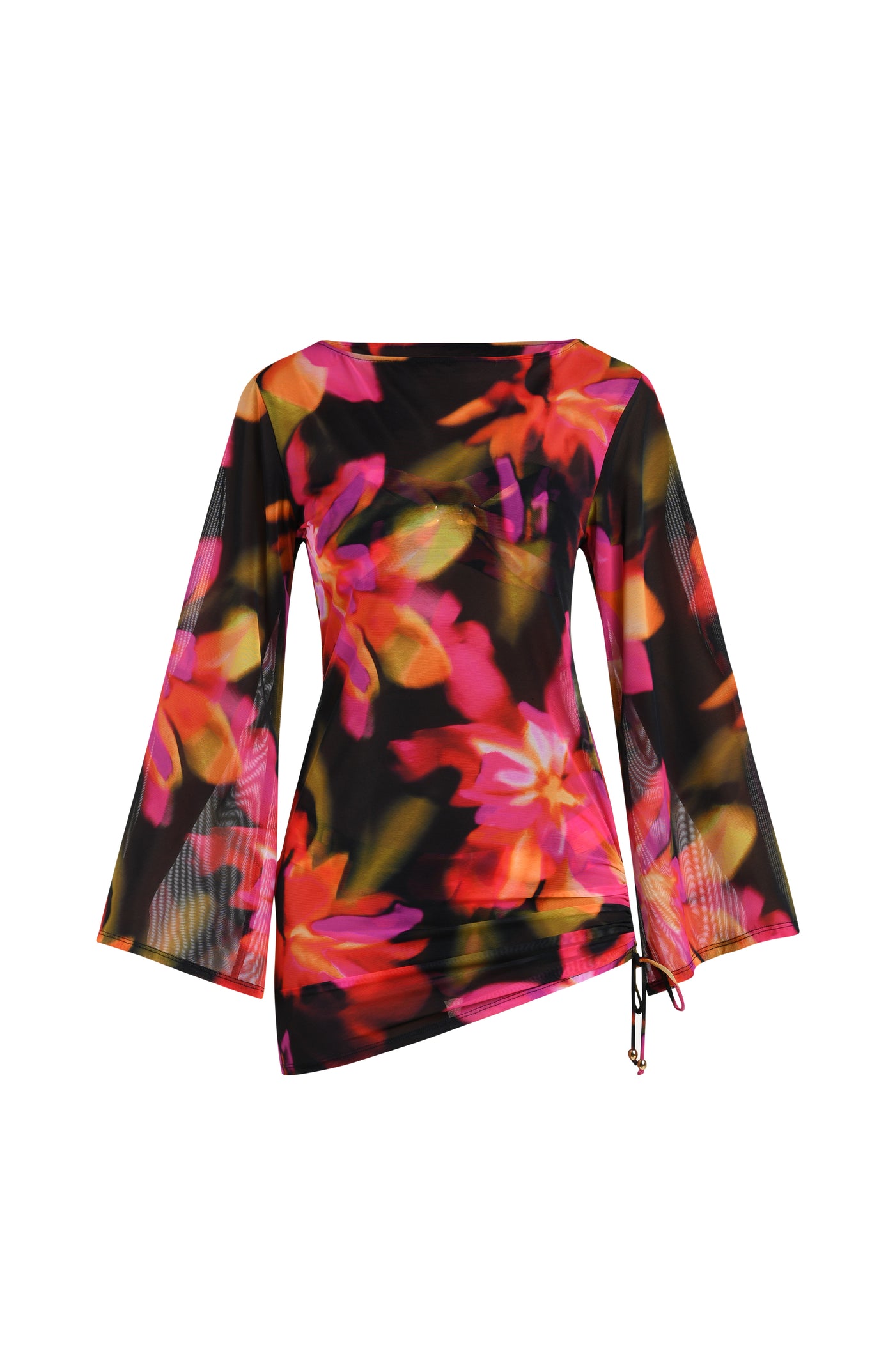 
                  
                    Floating image of a sheer long-sleeve tunic cover-up with adjustable side ties in a multicolored floral print.
                  
                