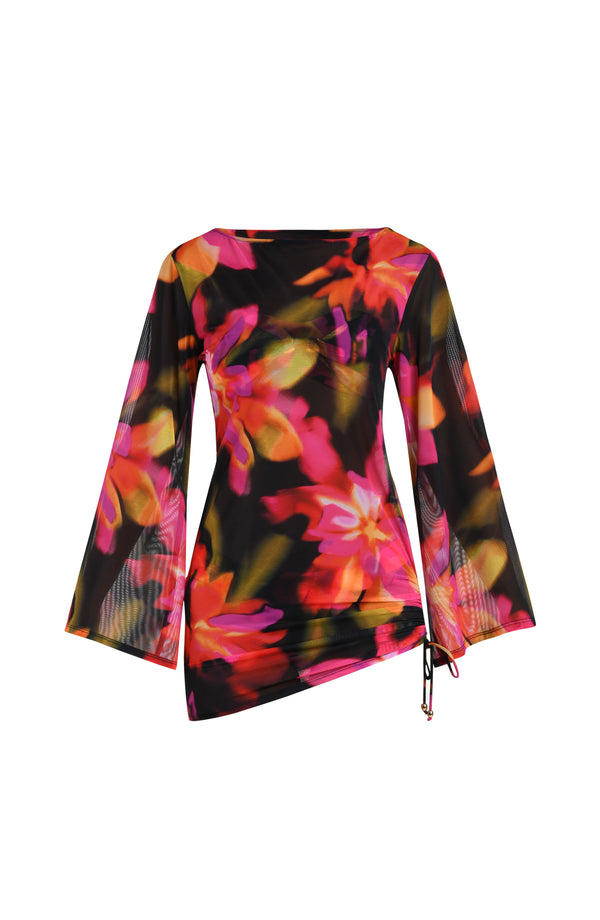 Floating image of a sheer long-sleeve tunic cover-up with adjustable side ties in a multicolored floral print.