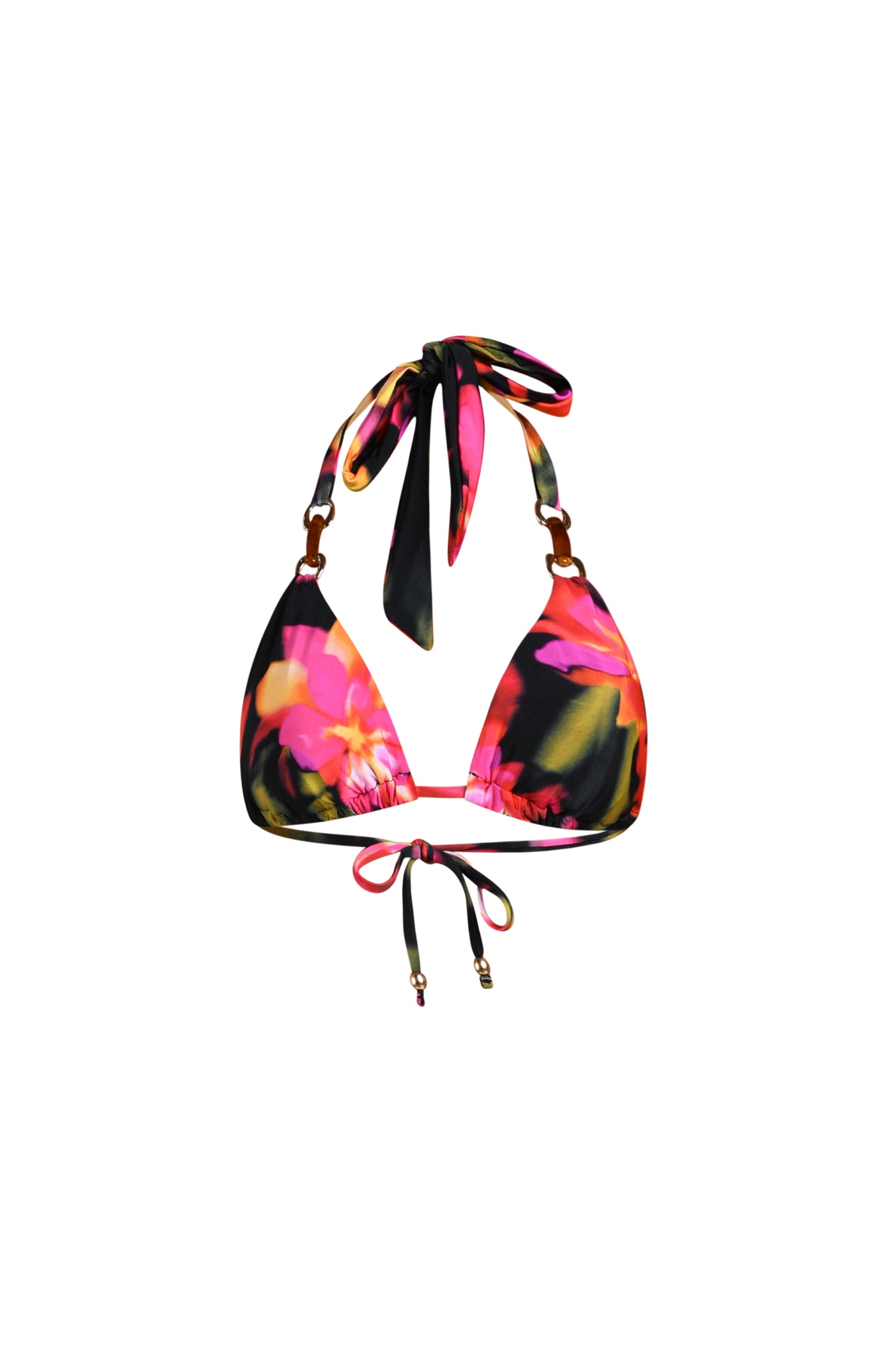 
                  
                    Floating image of a halter bikini top with triangle cups featuring a multicolored floral print, accented with tortoiseshell rings at the straps.
                  
                