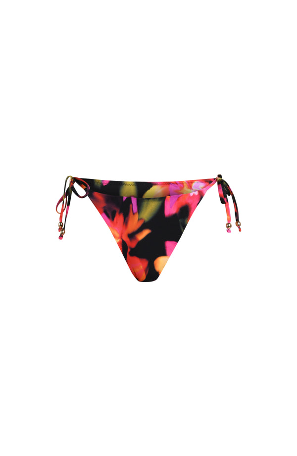 Floating image of bikini bottoms with side tie detail and contemporary coverage in a multicolored floral print.