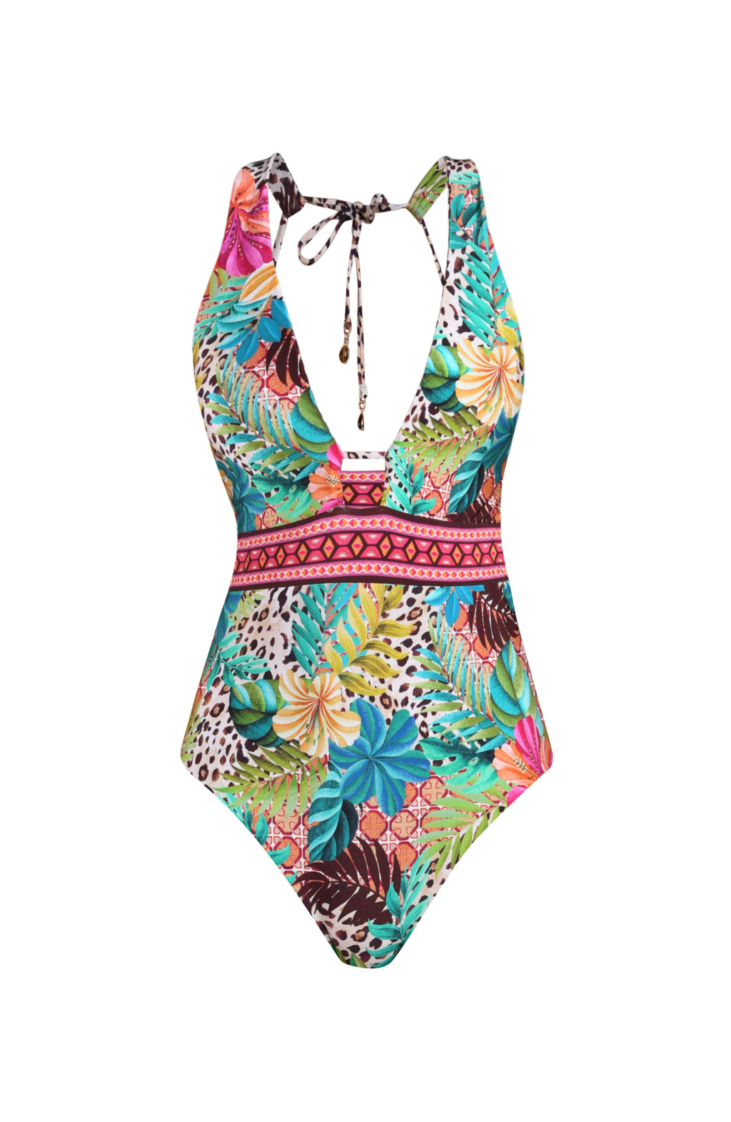 3D image of a multicolored printed reversible one piece swimsuit featuring leopard on one side and a tropical print on the other. It has a plunging neckline with keyhole detail and band underneath, adjustable straps that tie at the neck, and moderate coverage. 