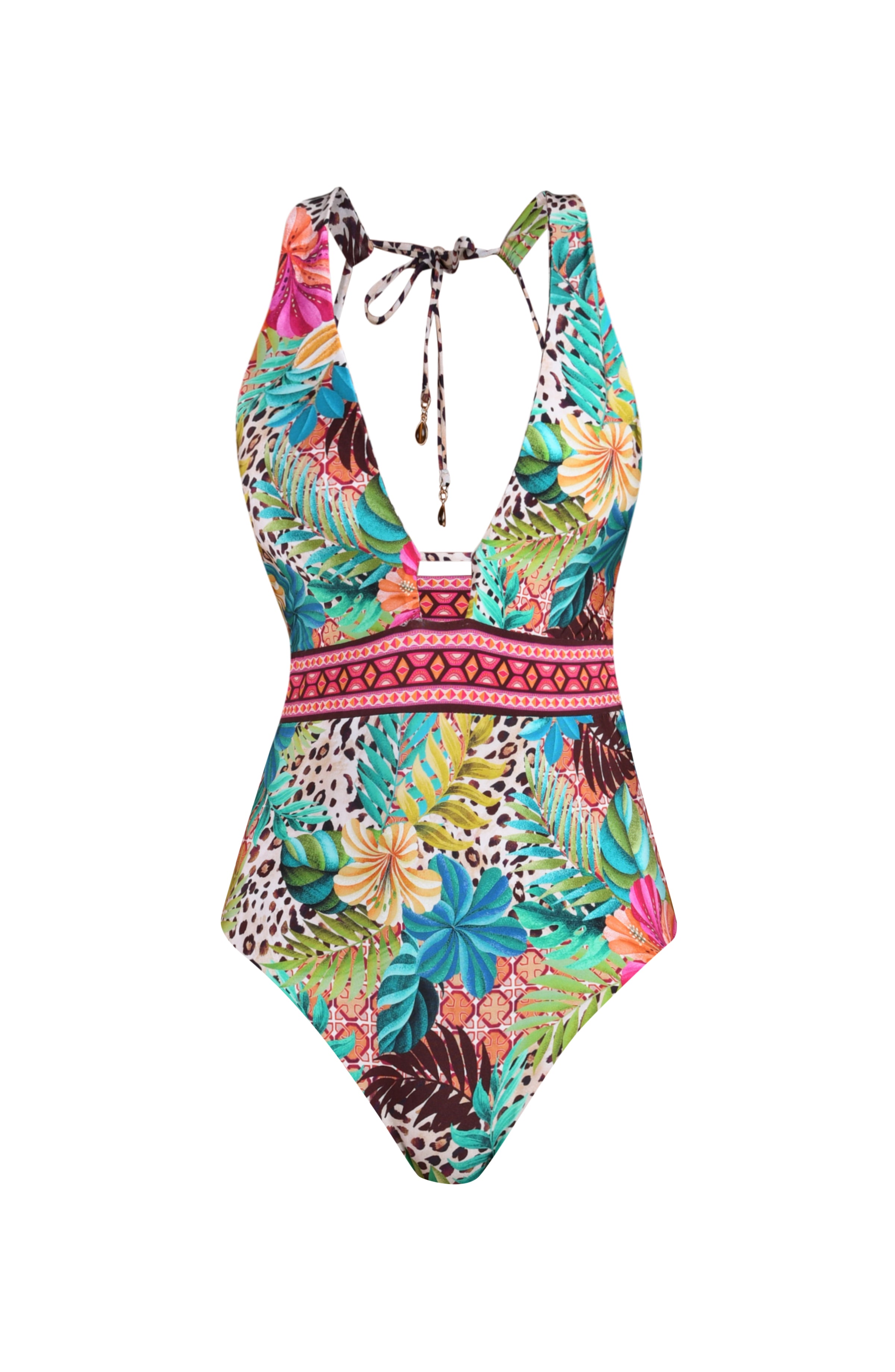 3D image of a multicolored printed reversible one piece swimsuit featuring leopard on one side and a tropical print on the other. It has a plunging neckline with keyhole detail and band underneath, adjustable straps that tie at the neck, and moderate coverage. 