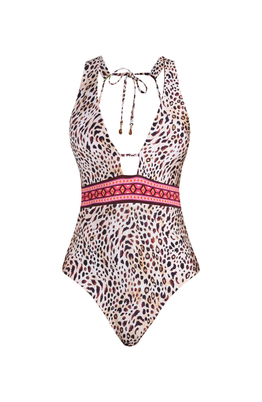 3D image of a multicolored printed reversible one piece swimsuit featuring leopard on one side and a tropical print on the other. It has a plunging neckline with keyhole detail and band underneath, adjustable straps that tie at the neck, and moderate coverage. 
