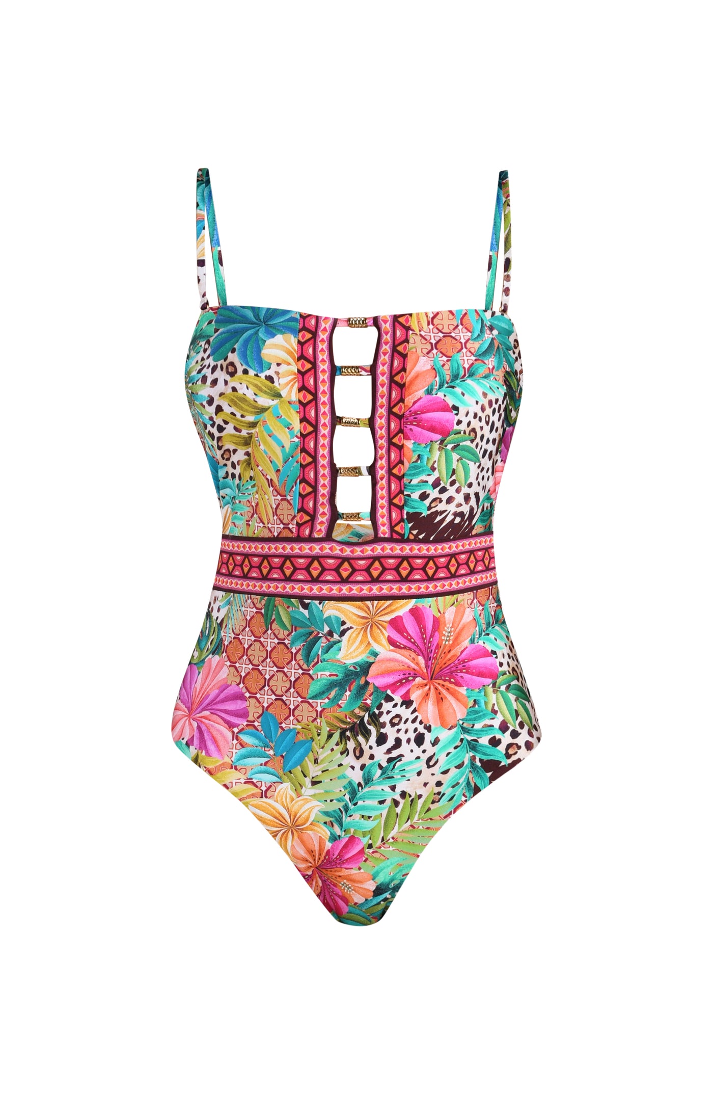 
                  
                    3D image of a multicolored tropical and leopard printed one piece swimsuit featuring removable straps, front cutouts with gold bars, and moderate coverage. 
                  
                