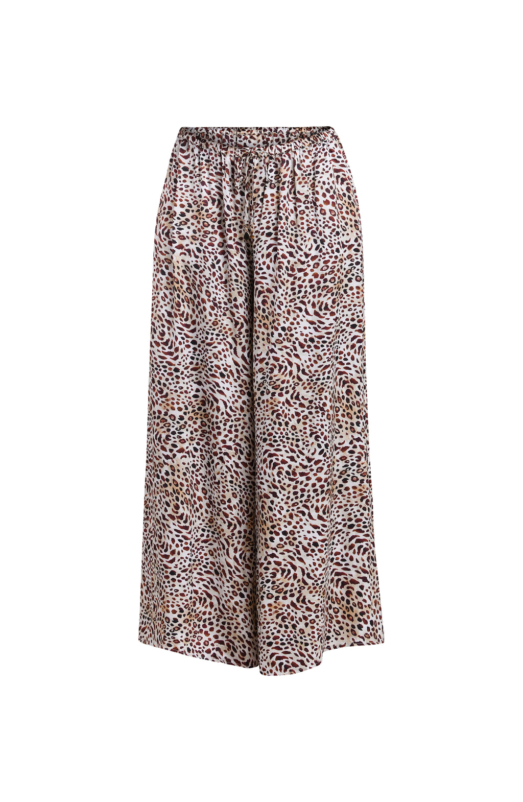 3D image of leopard printed beach pants with an elastic waist and pockets. 