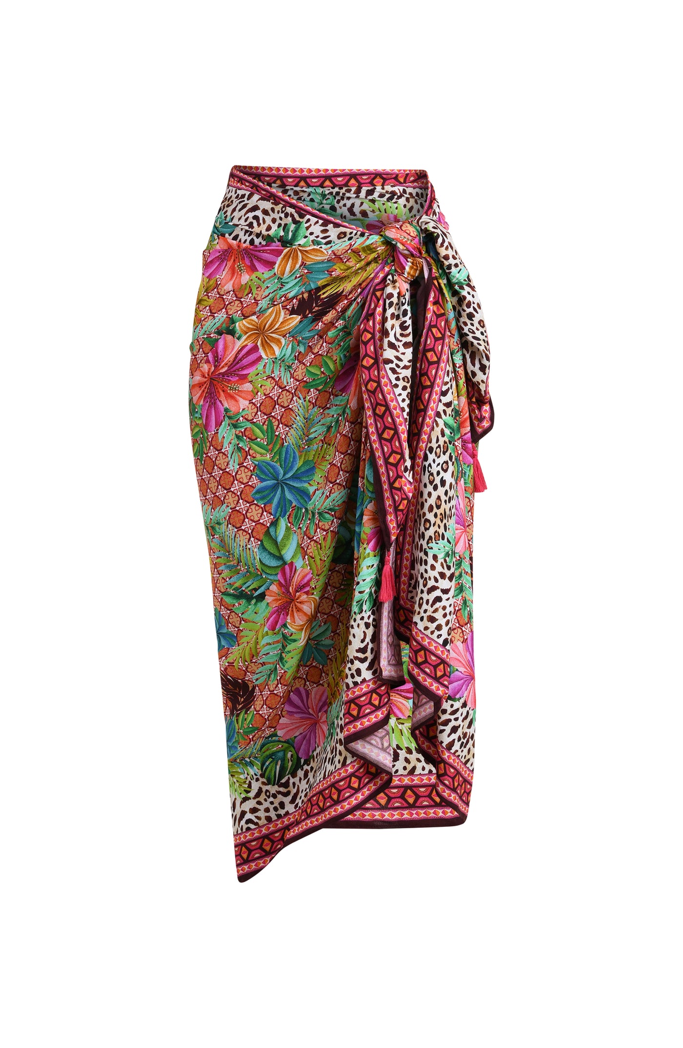 
                  
                    3D image of a multicolored tropical and leopard printed pareo wrap featuring a tie side. 
                  
                