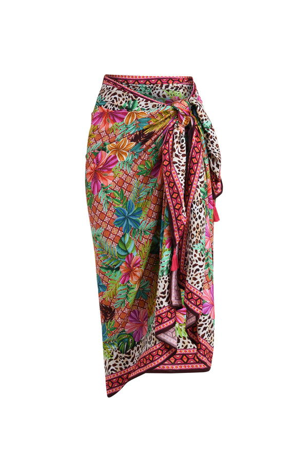 3D image of a multicolored tropical and leopard printed pareo wrap featuring a tie side. 