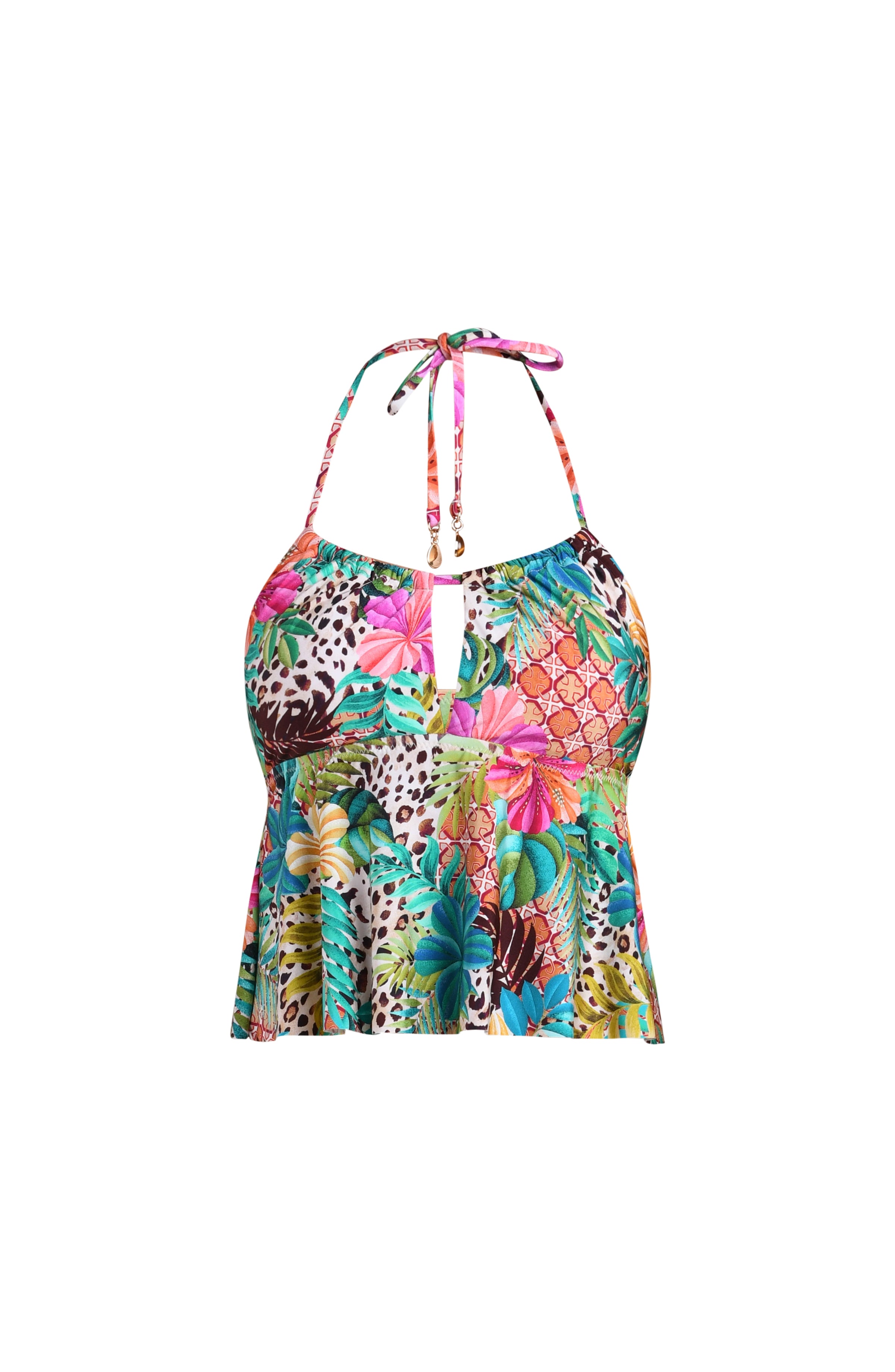 3D image of a multicolored tropical printed midkini top featuring adjustable halter straps, keyhole, and flounce detail. 