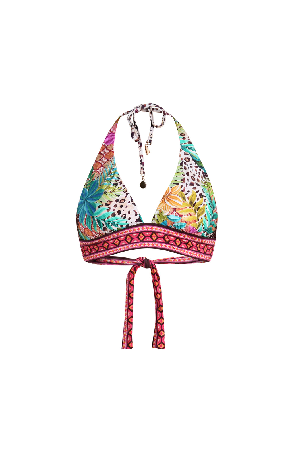 3D image of a multicolored printed reversible bikini top featuring leopard on one side and a tropical print on the other. It has adjustable halter straps, and a band underneath the bust. 