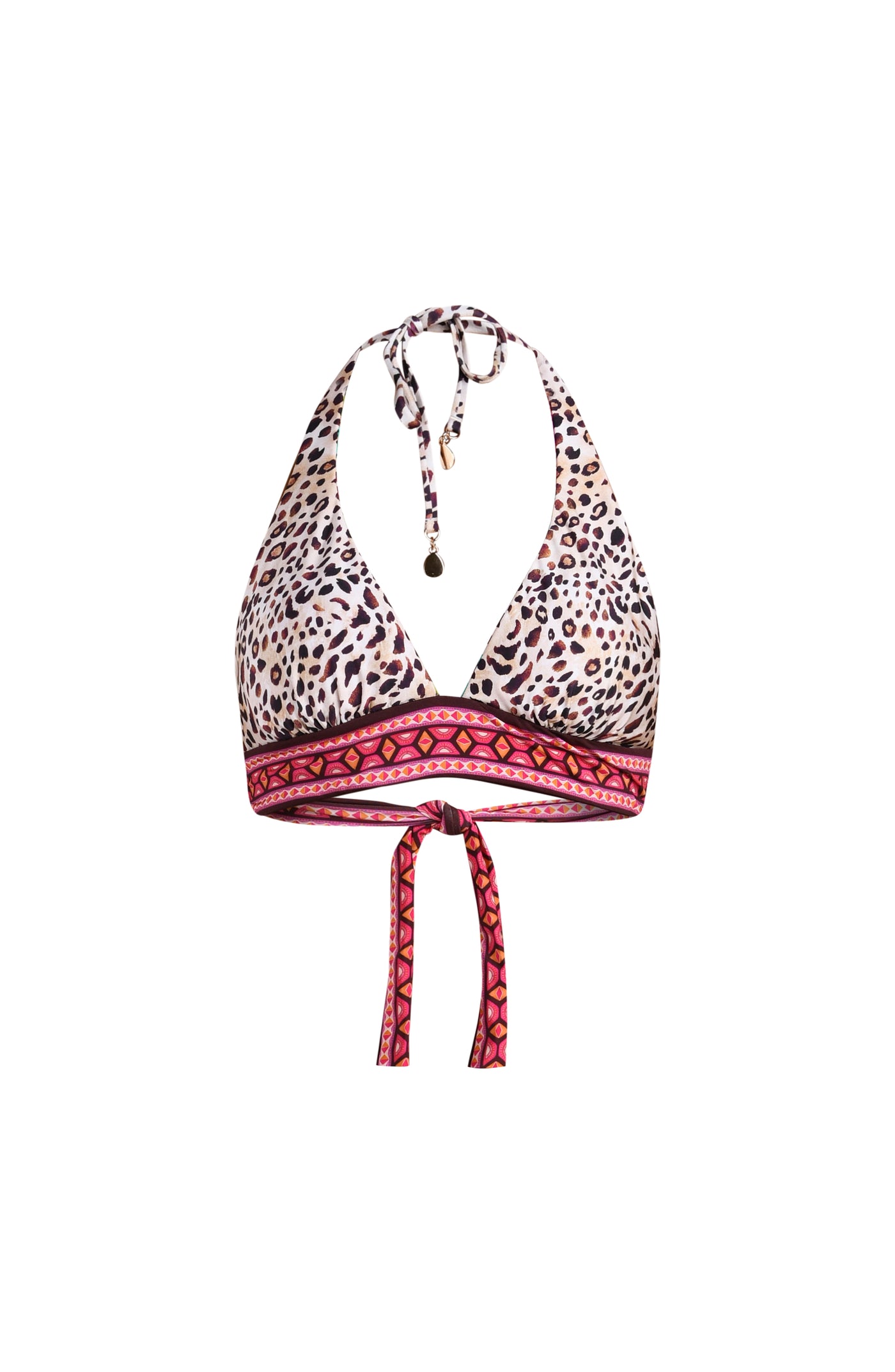 
                  
                    3D image of a multicolored printed reversible bikini top featuring leopard on one side and a tropical print on the other. It has adjustable halter straps, band underneath the bust, and back ties. 
                  
                
