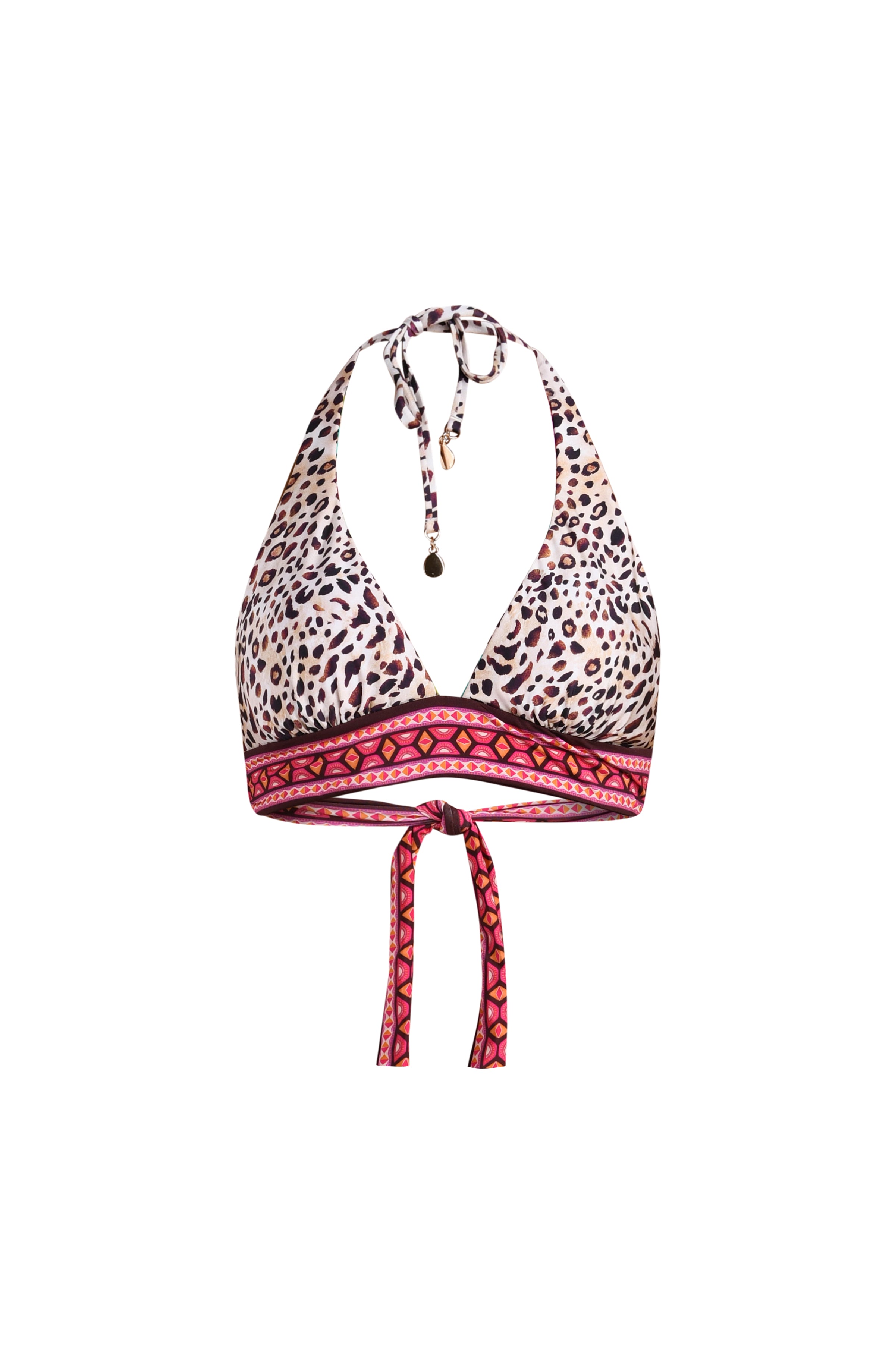 3D image of a multicolored printed reversible bikini top featuring leopard on one side and a tropical print on the other. It has adjustable halter straps, band underneath the bust, and back ties. 