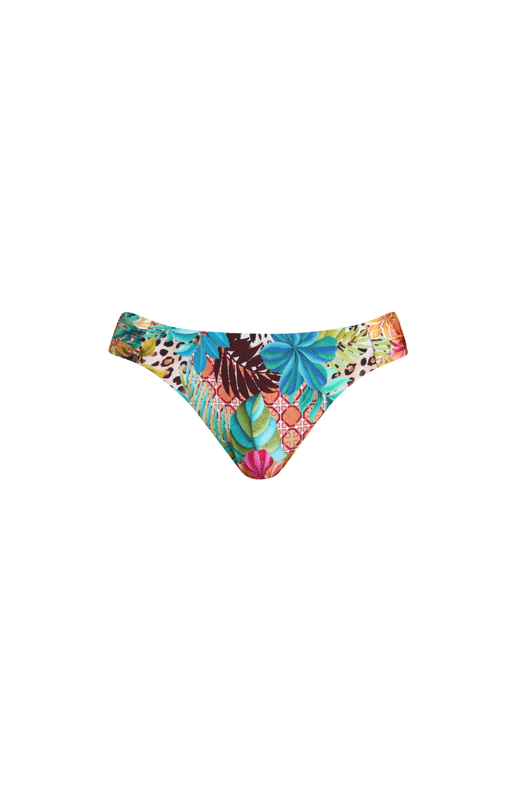 3D image of a multicolored tropical printed bikini bottom featuring a hipster fit, ruched sides, and moderate rear coverage.