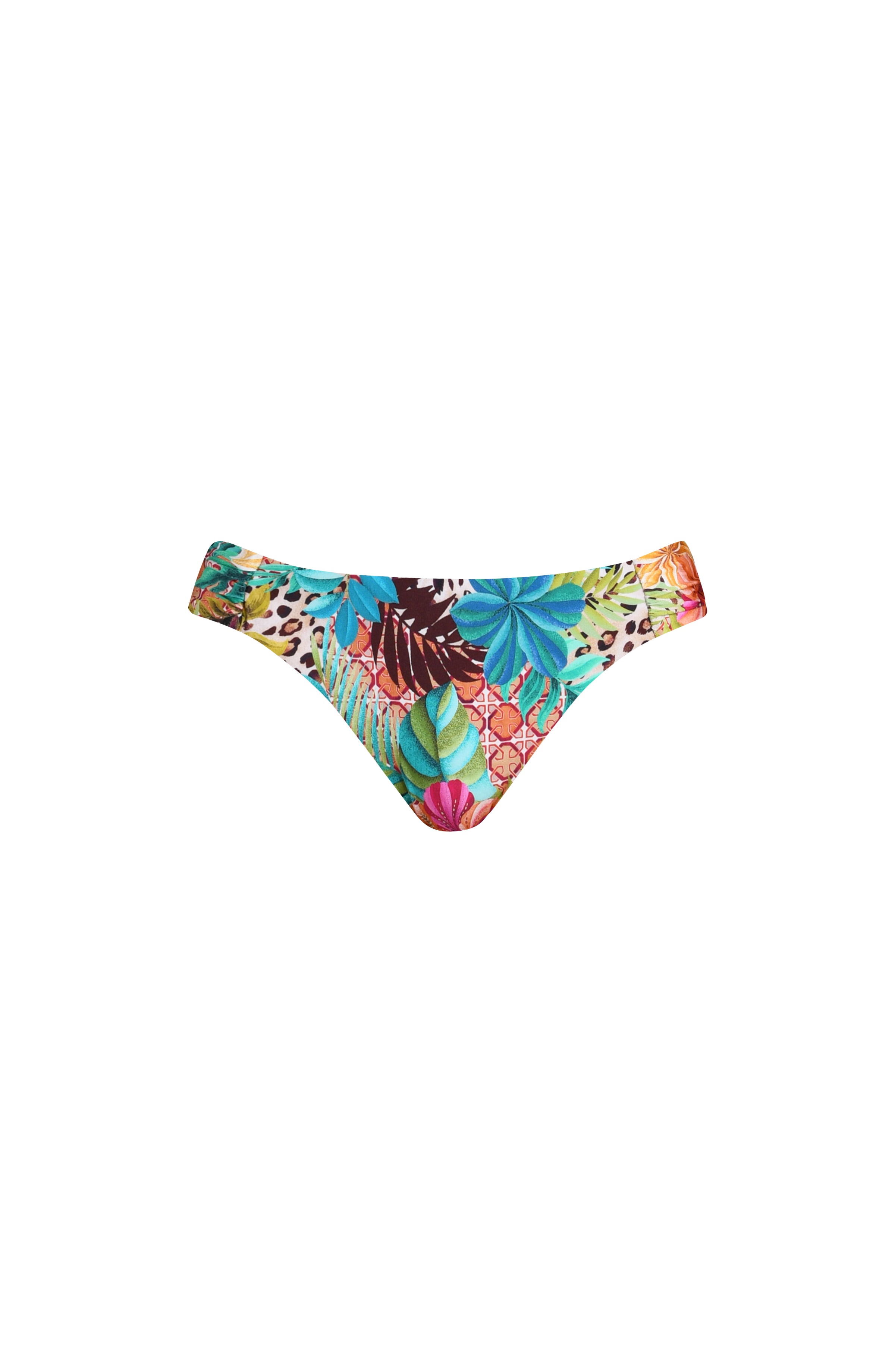 3D image of a multicolored tropical printed bikini bottom featuring a hipster fit, ruched sides, and moderate rear coverage.