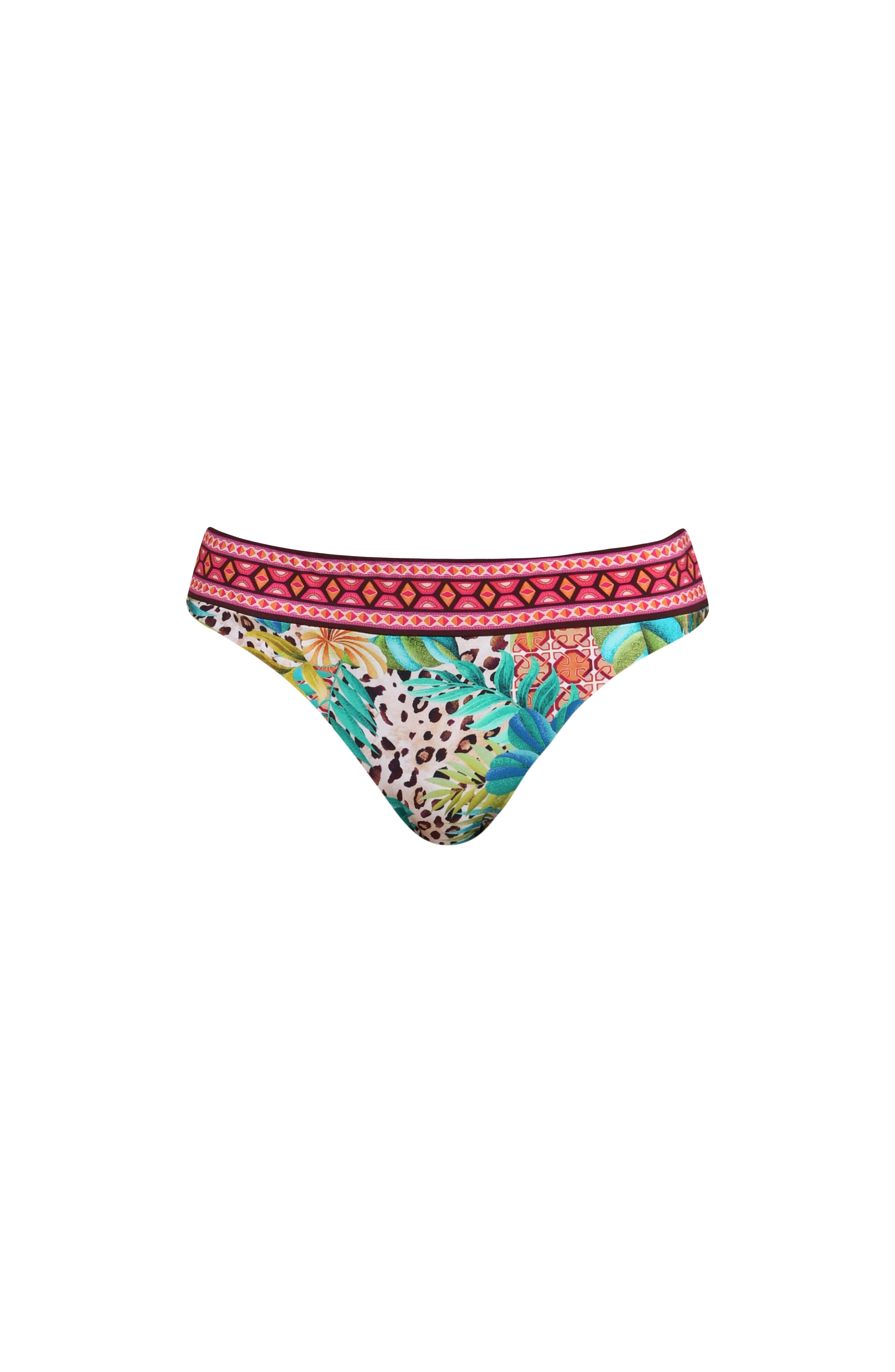 3D image of a multicolored printed reversible bikini bottom featuring leopard on one side and a tropical print on the other. It has an allover band and moderate rear coverage. 