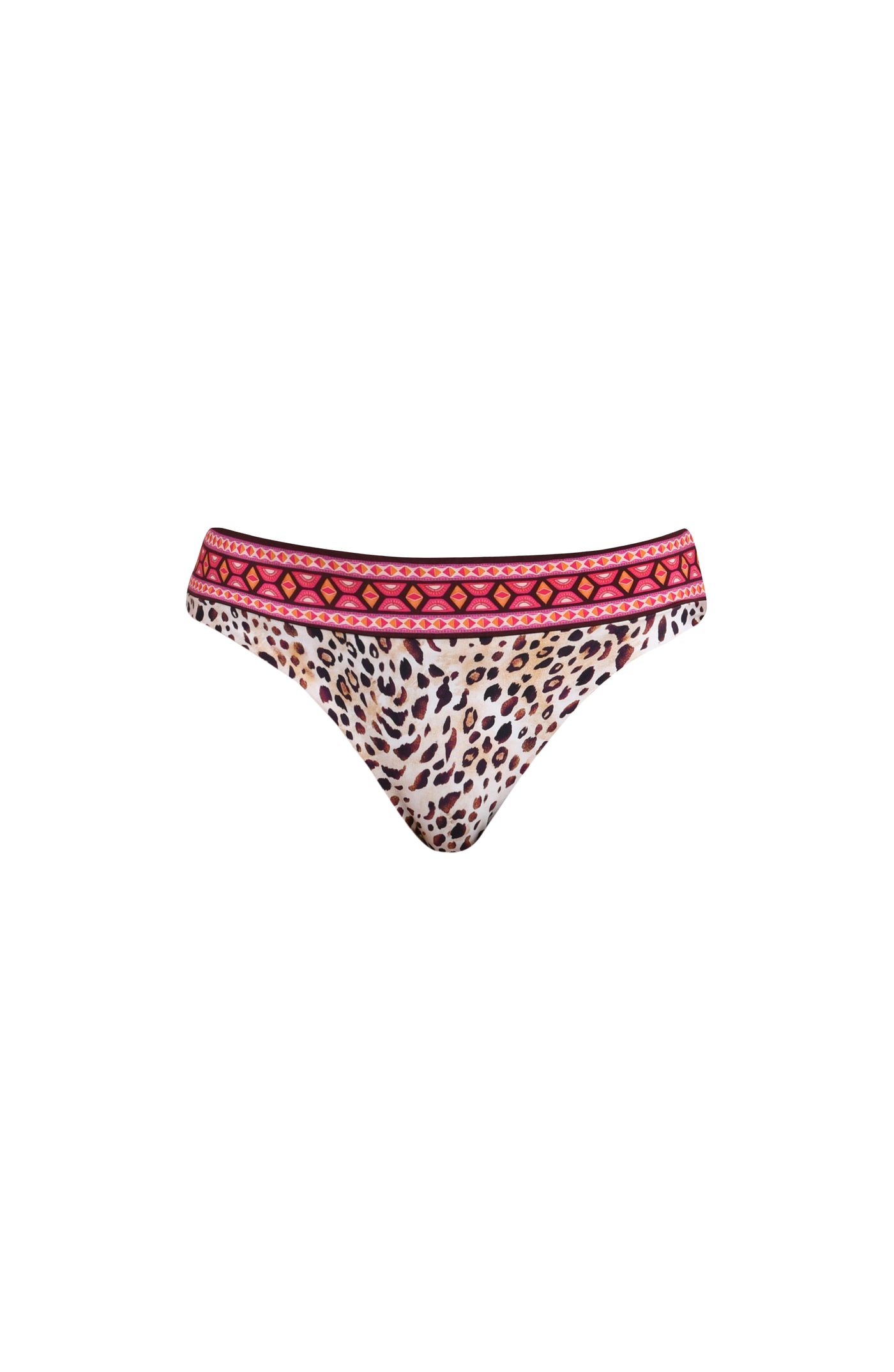 
                  
                    3D image of a multicolored printed reversible bikini bottom featuring leopard on one side and a tropical print on the other. It has an allover band and moderate rear coverage. 
                  
                