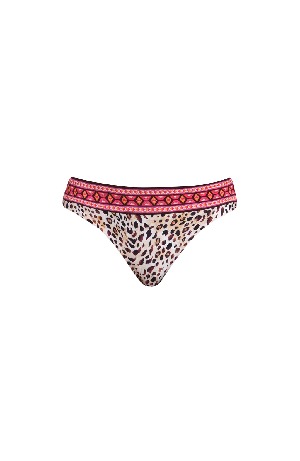 3D image of a multicolored printed reversible bikini bottom featuring leopard on one side and a tropical print on the other. It has an allover band and moderate rear coverage. 