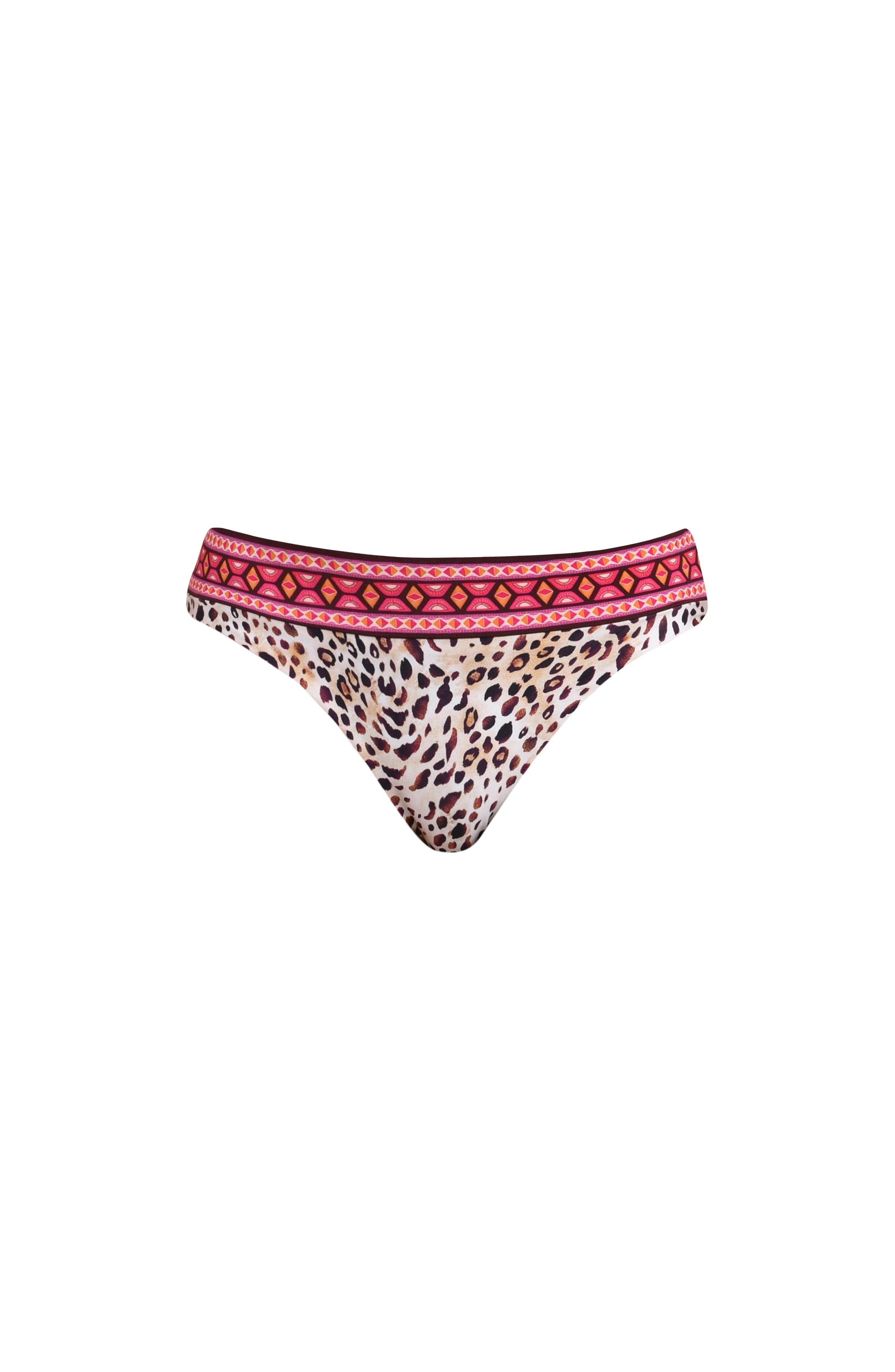 3D image of a multicolored printed reversible bikini bottom featuring leopard on one side and a tropical print on the other. It has an allover band and moderate rear coverage. 