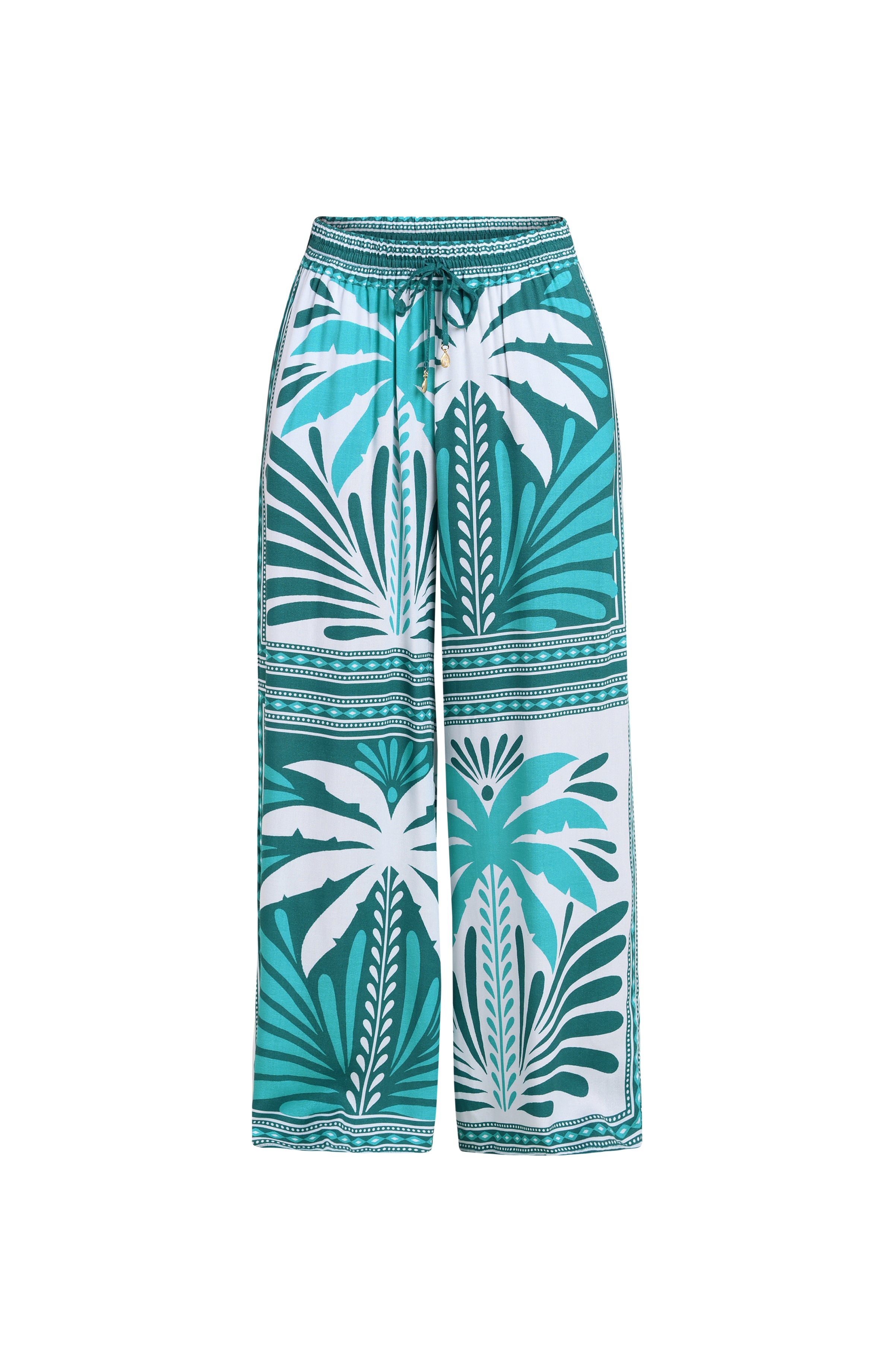 Floating image of tropical patterned pants worn by a person on a white background