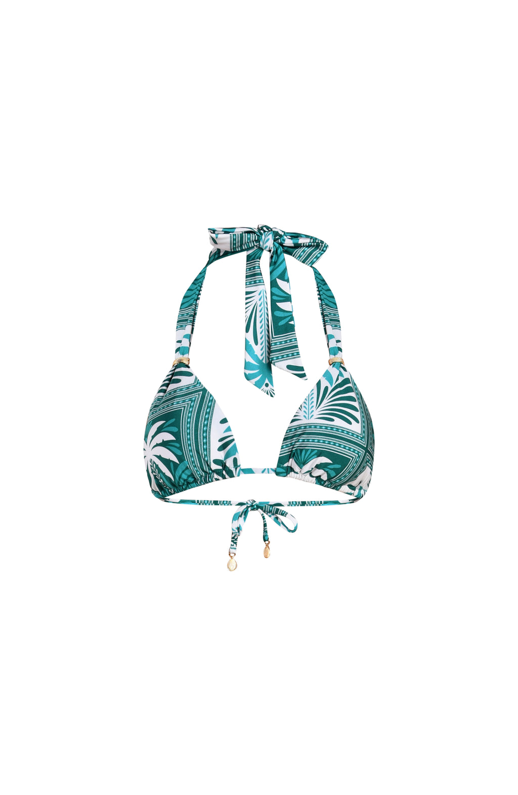 Floating image of tropical patterned bikini on a white background
