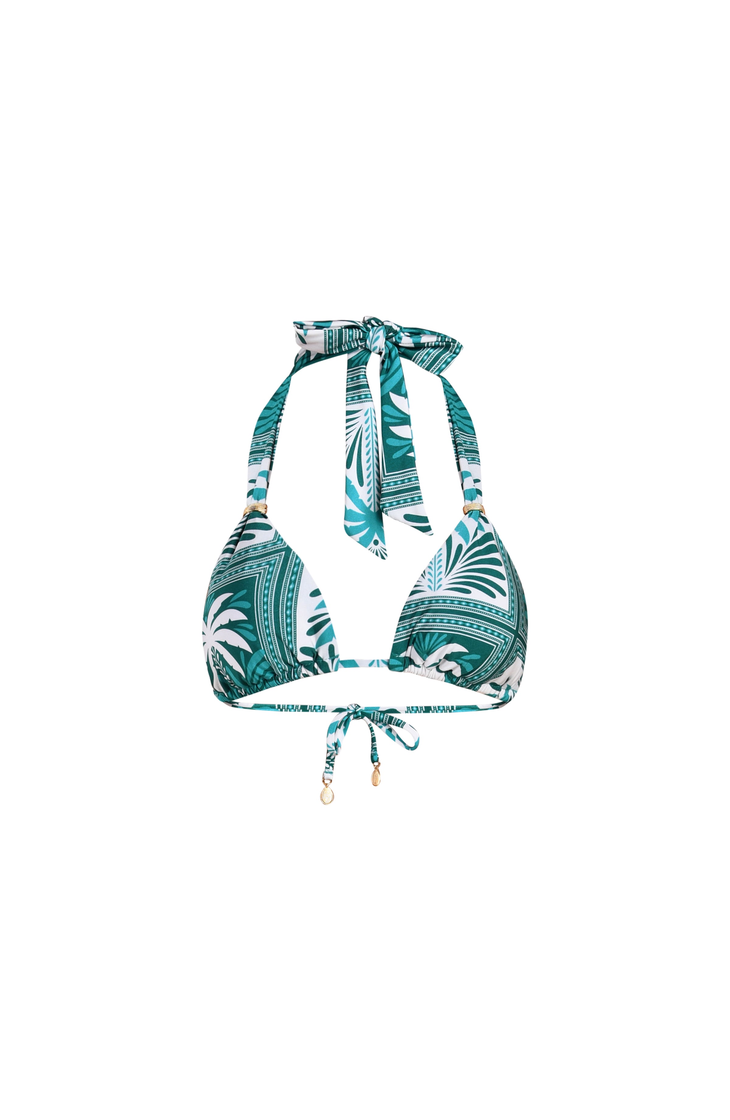 Floating image of tropical patterned bikini on a white background