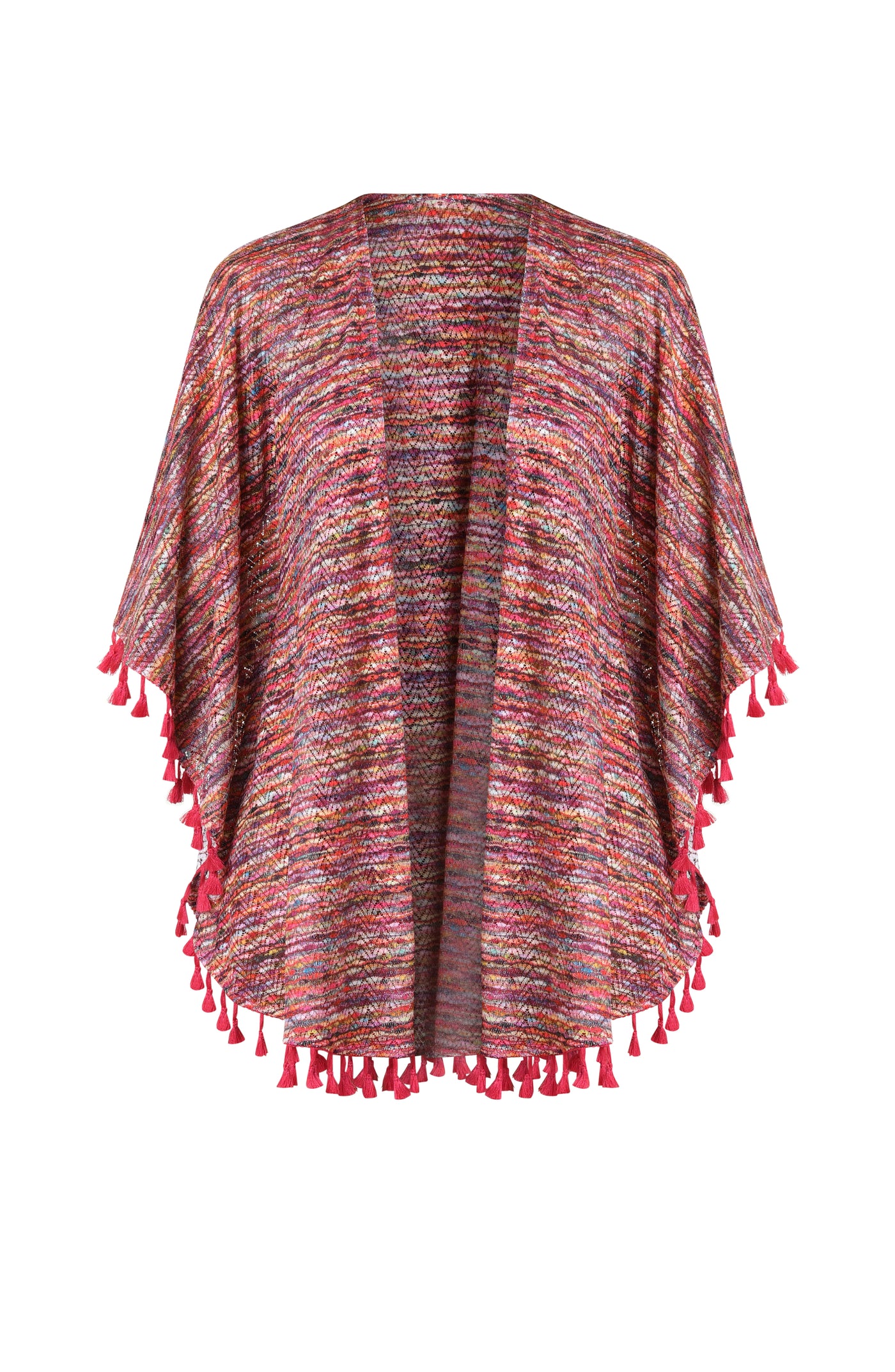
                  
                    Floating image of an open front kimono cover up with three quarter sleeves and tassel trim featuring a multicolored ripple print.
                  
                
