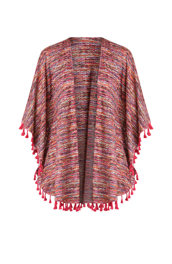 Floating image of an open front kimono cover up with three quarter sleeves and tassel trim featuring a multicolored ripple print.