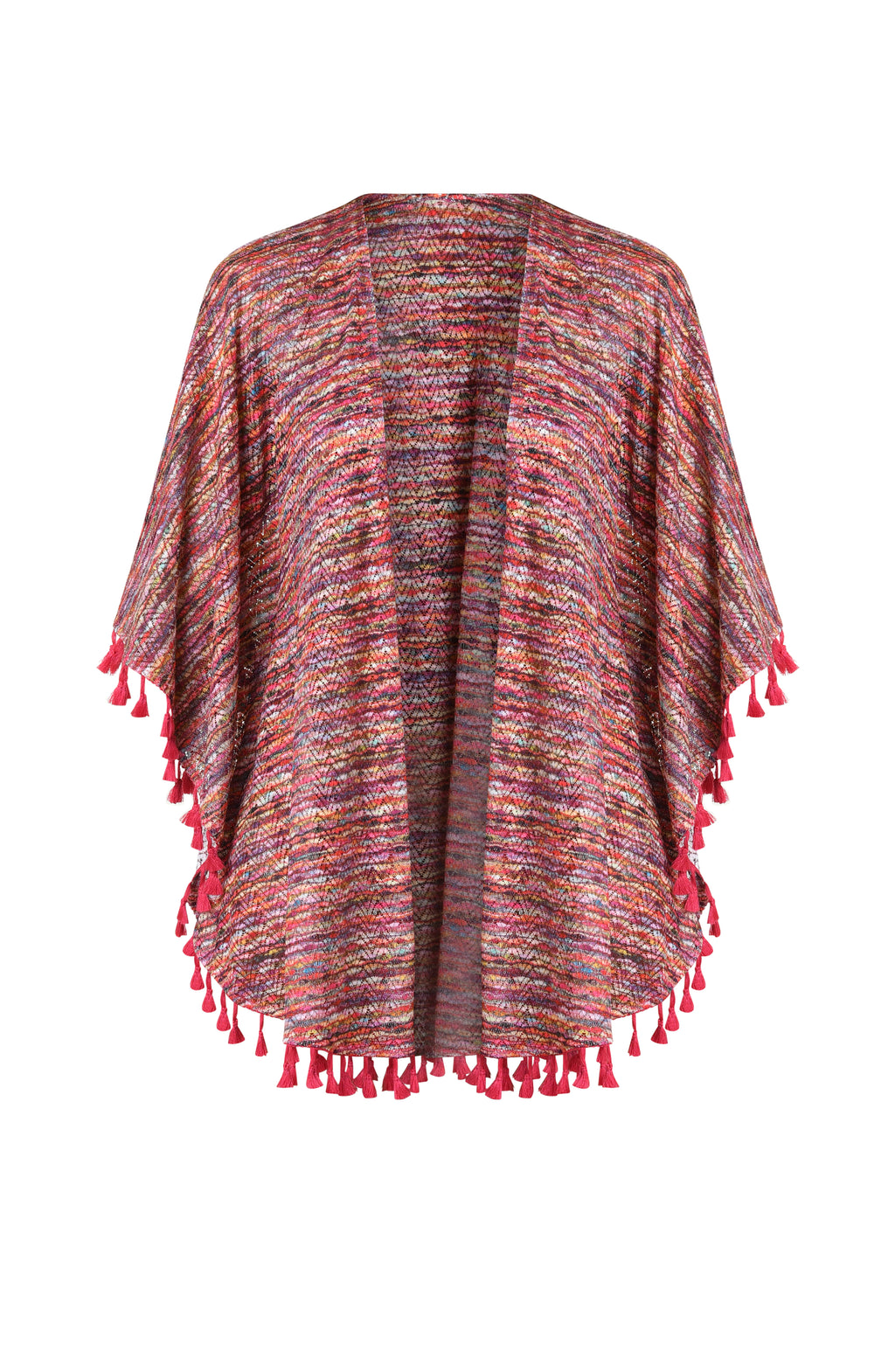 Floating image of an open front kimono cover up with three quarter sleeves and tassel trim featuring a multicolored ripple print.