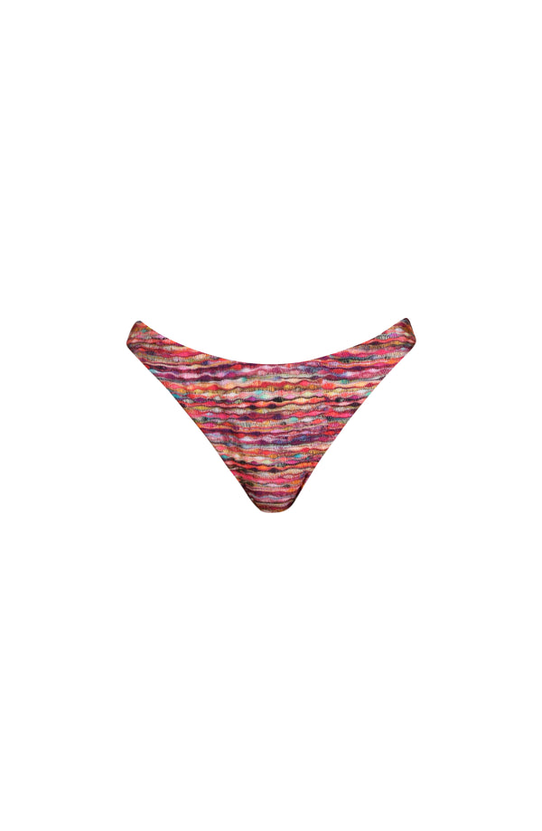 Floating image of a french cut bikini bottom with contemporary coverage in a multicolored ripple pattern.