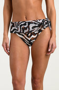Zebra print bikini bottom on a plain background