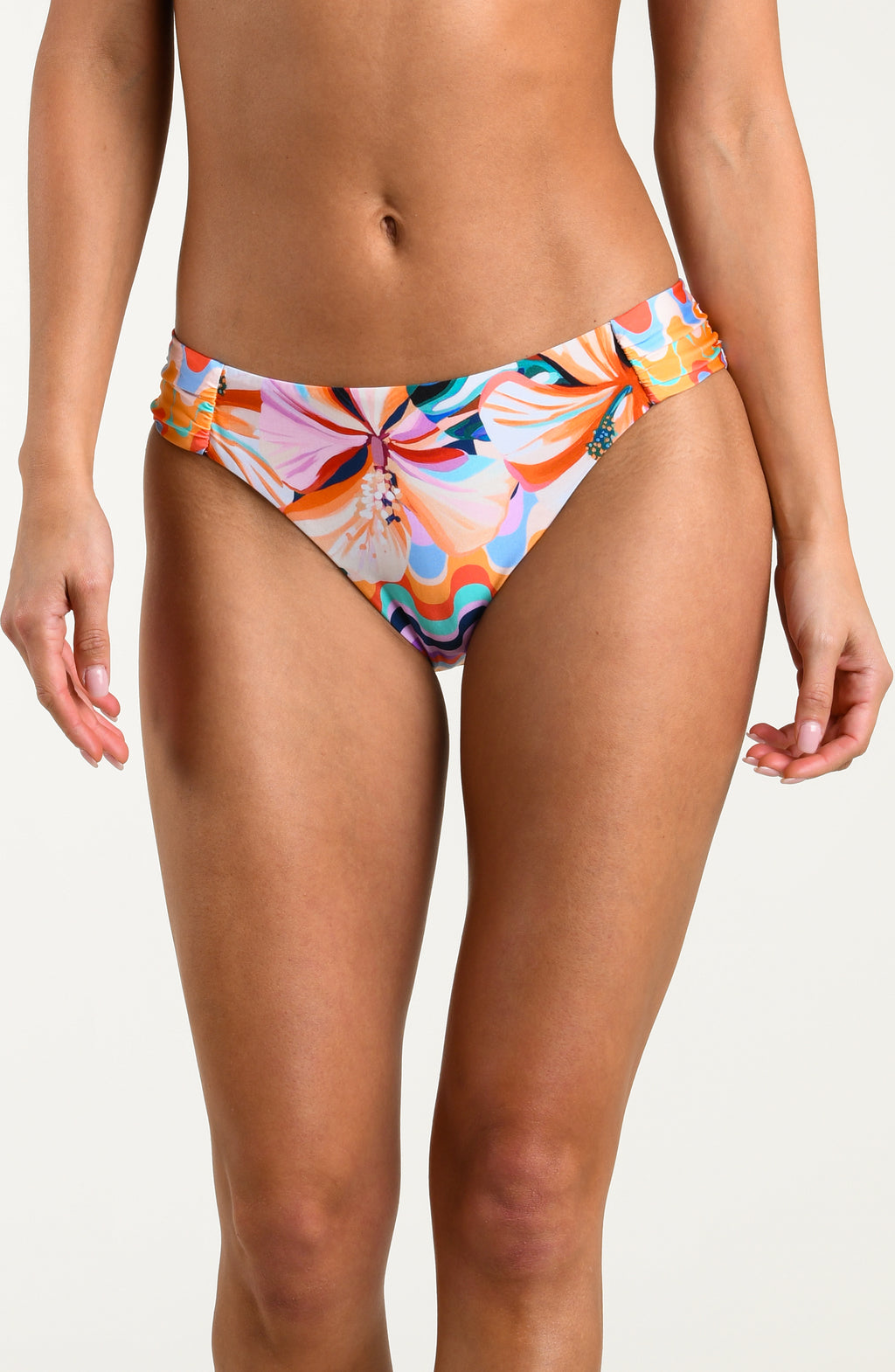 Colorful floral-patterned bikini bottom on a plain background