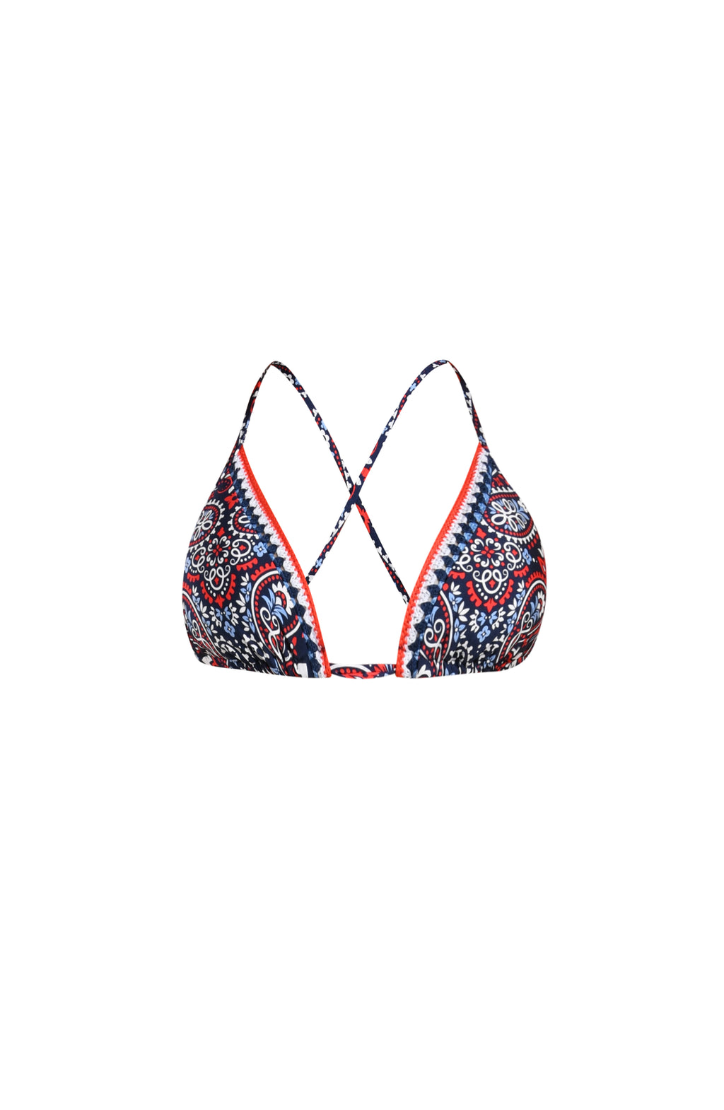 Image of a multicolored bikini top against a white background. 