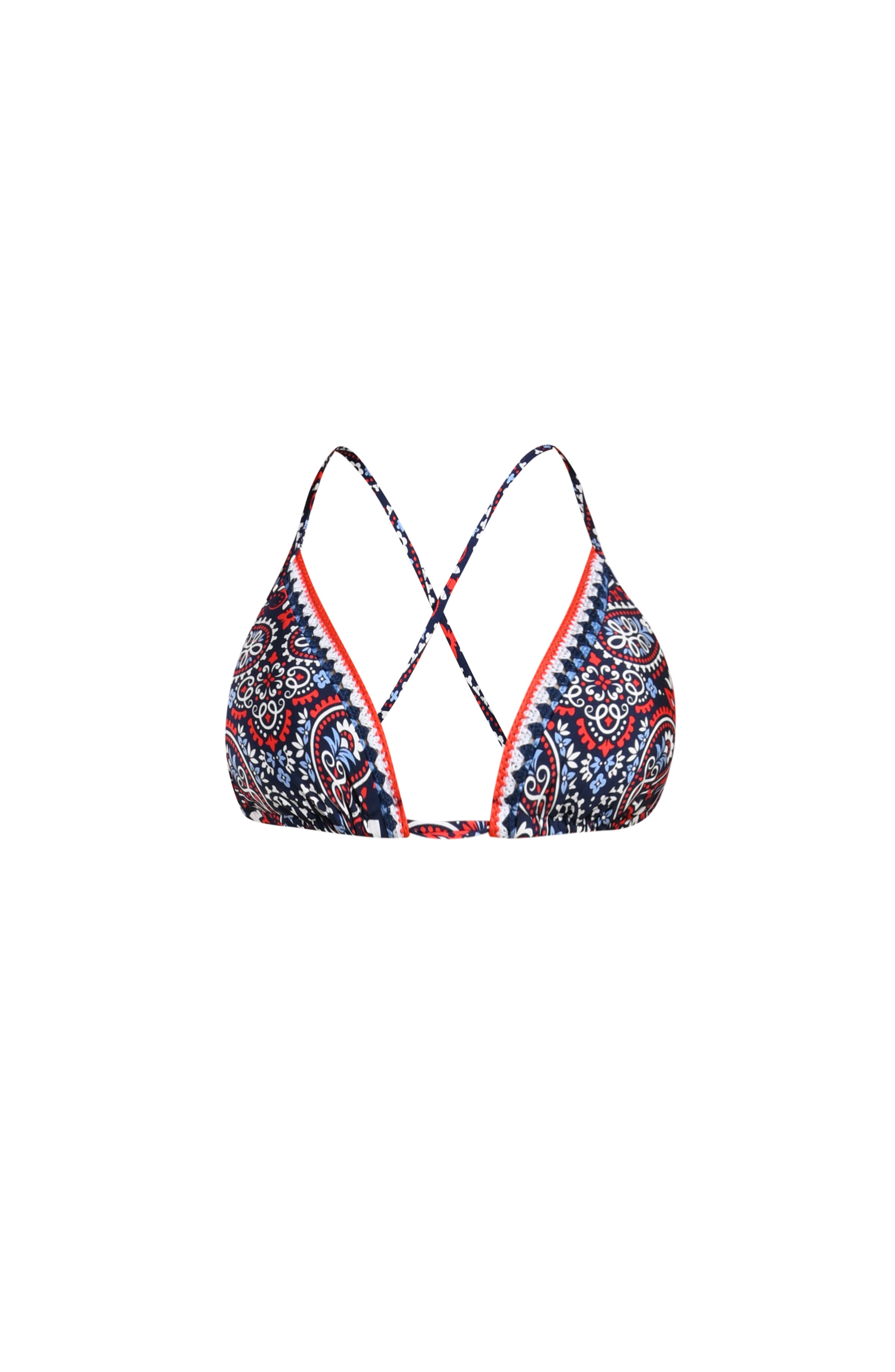Image of a multicolored bikini top against a white background. 