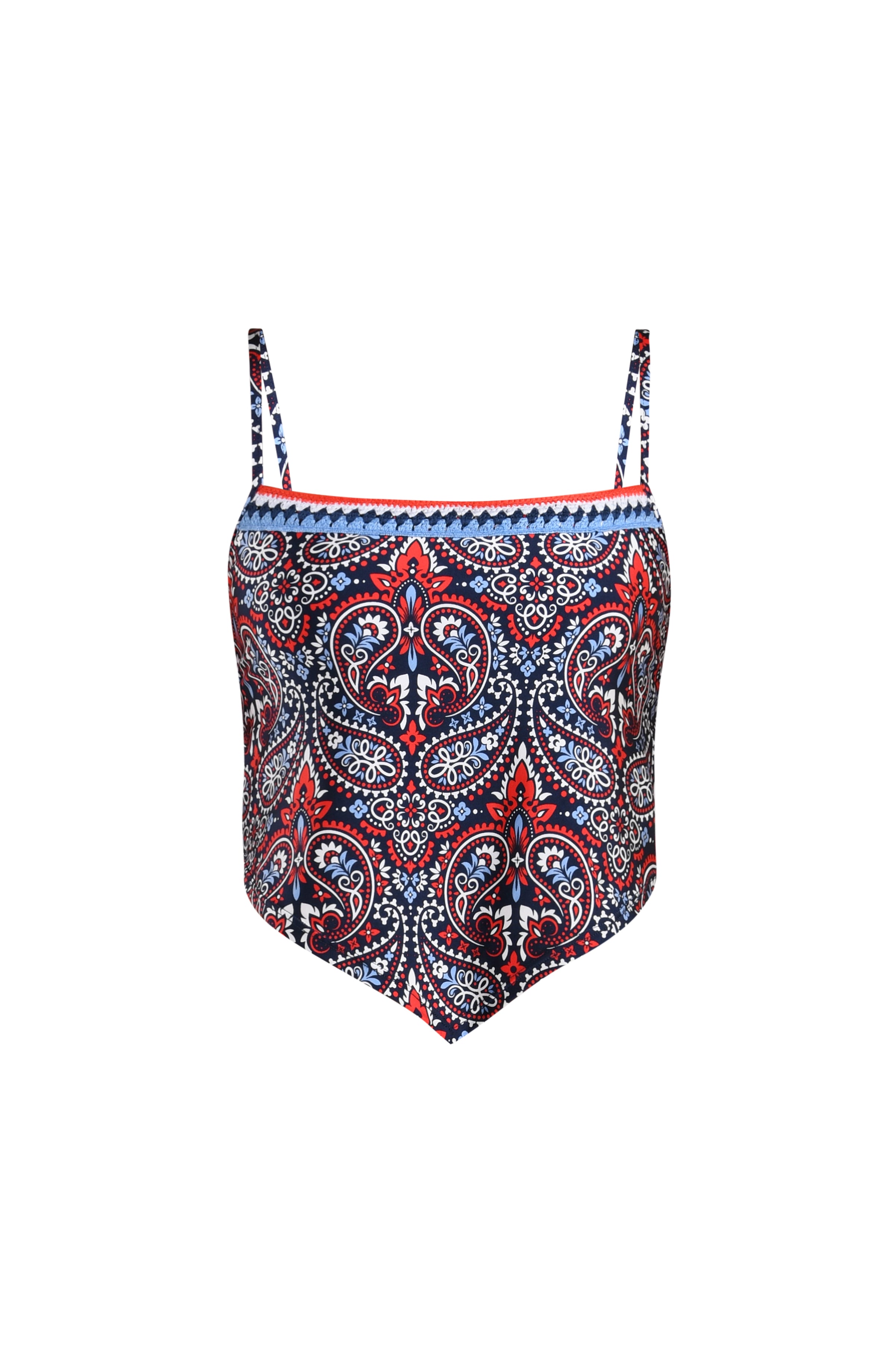 Image of a multicolored midkini top against a white background. 