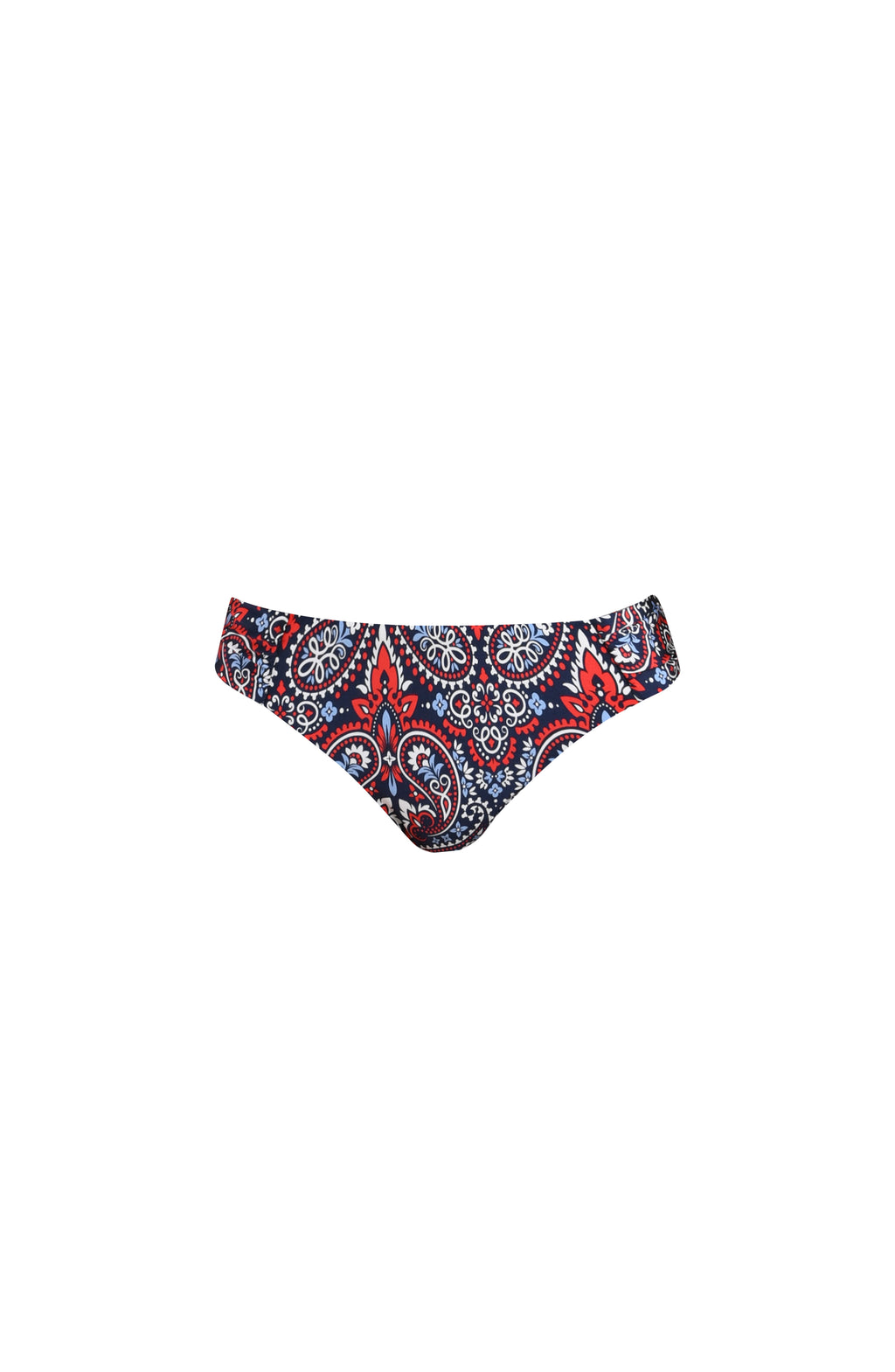 Image of a multicolored bikini bottom against a white background. 