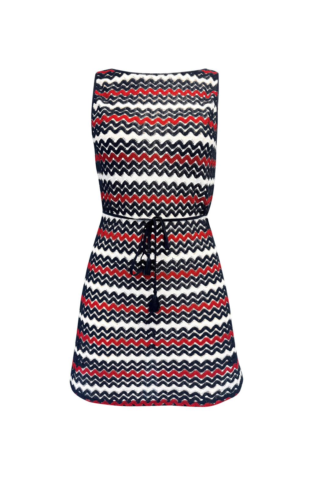 Image of a red, white, and blue multicolored dress cover up against a white background. 