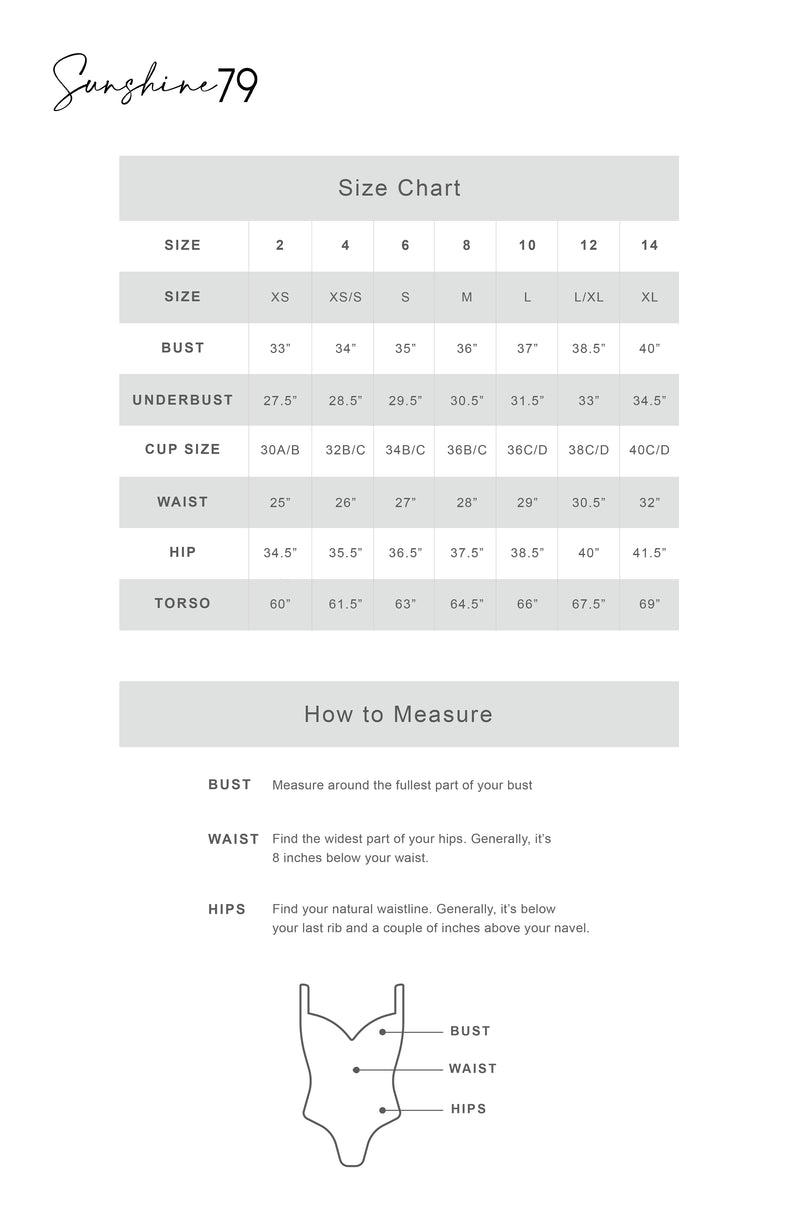 This is an image of a Sunshine 79 Swimwear Size Chart