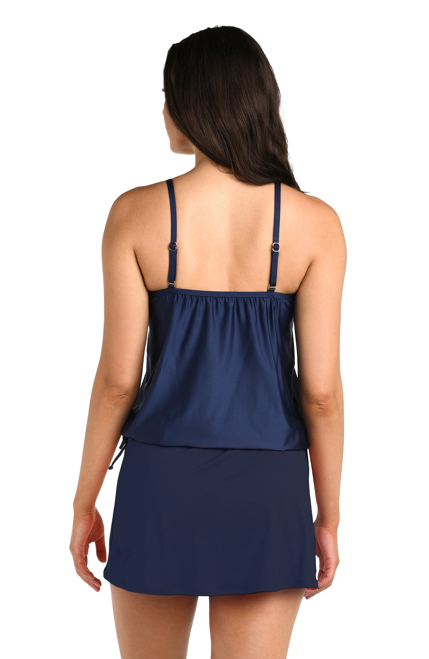
                  
                    Back image of model wearing the 24th & Ocean Solid Underwire V-Neck Blouson Tankini Top in Midnight.
                  
                