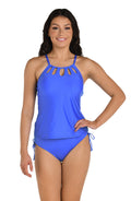 Front image of model wearing a solid periwinkle colored tankini top featuring a high neck with keyhole cut-outs.