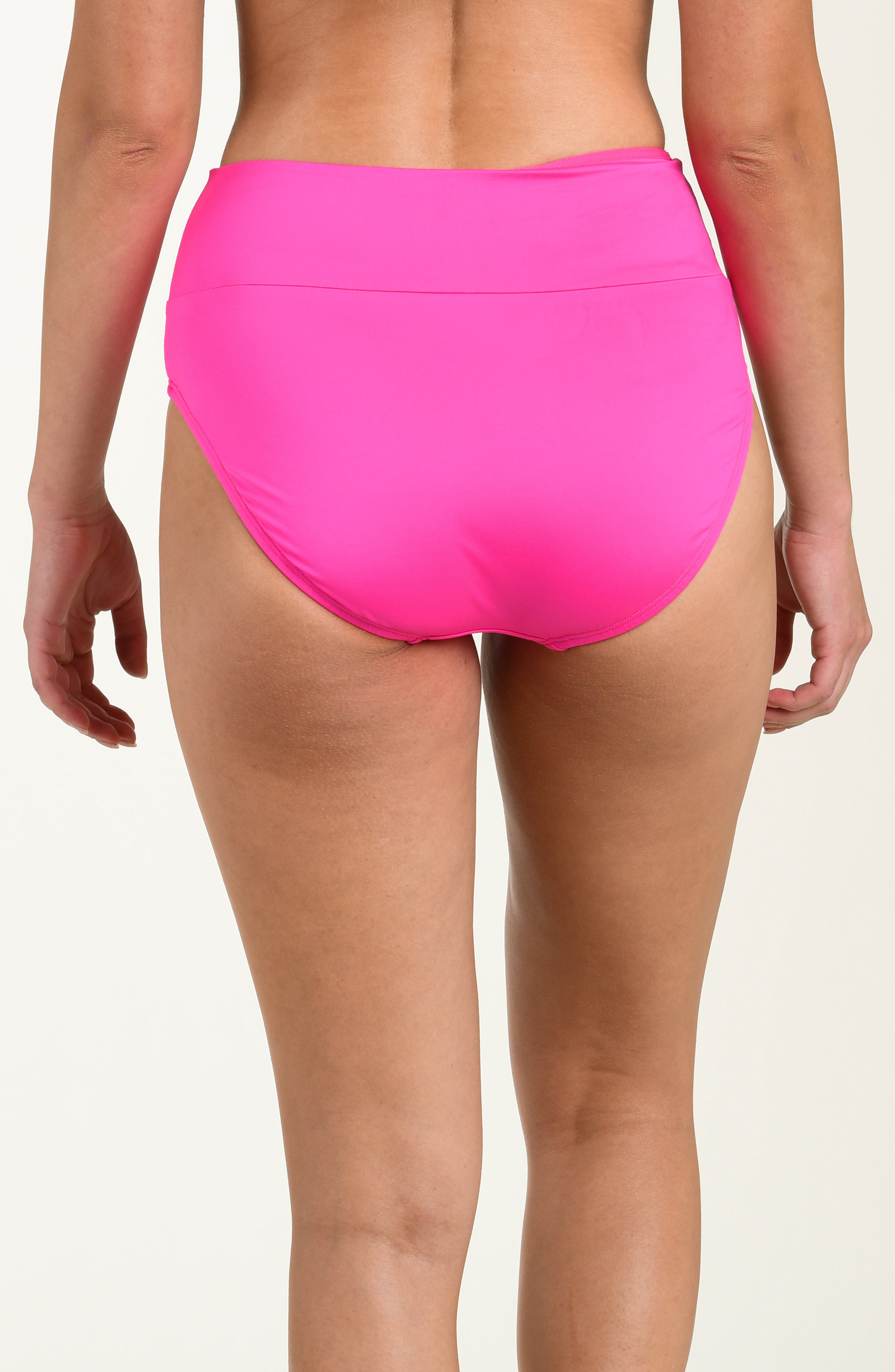 Back image of model wearing an hot pink green colored high-waisted bottom with full coverage and a smooth, streamlined fit for a flattering silhouette.