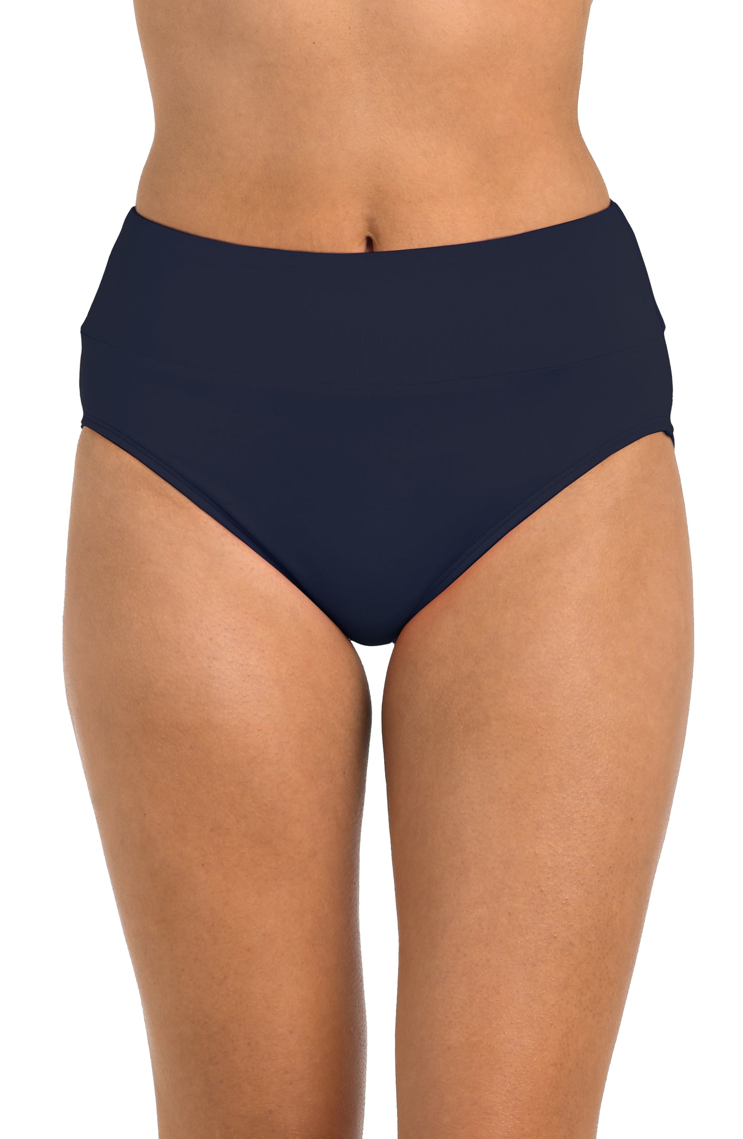 Front image of model wearing the 24th & Ocean Solid High Waist Bottom in Midnight.