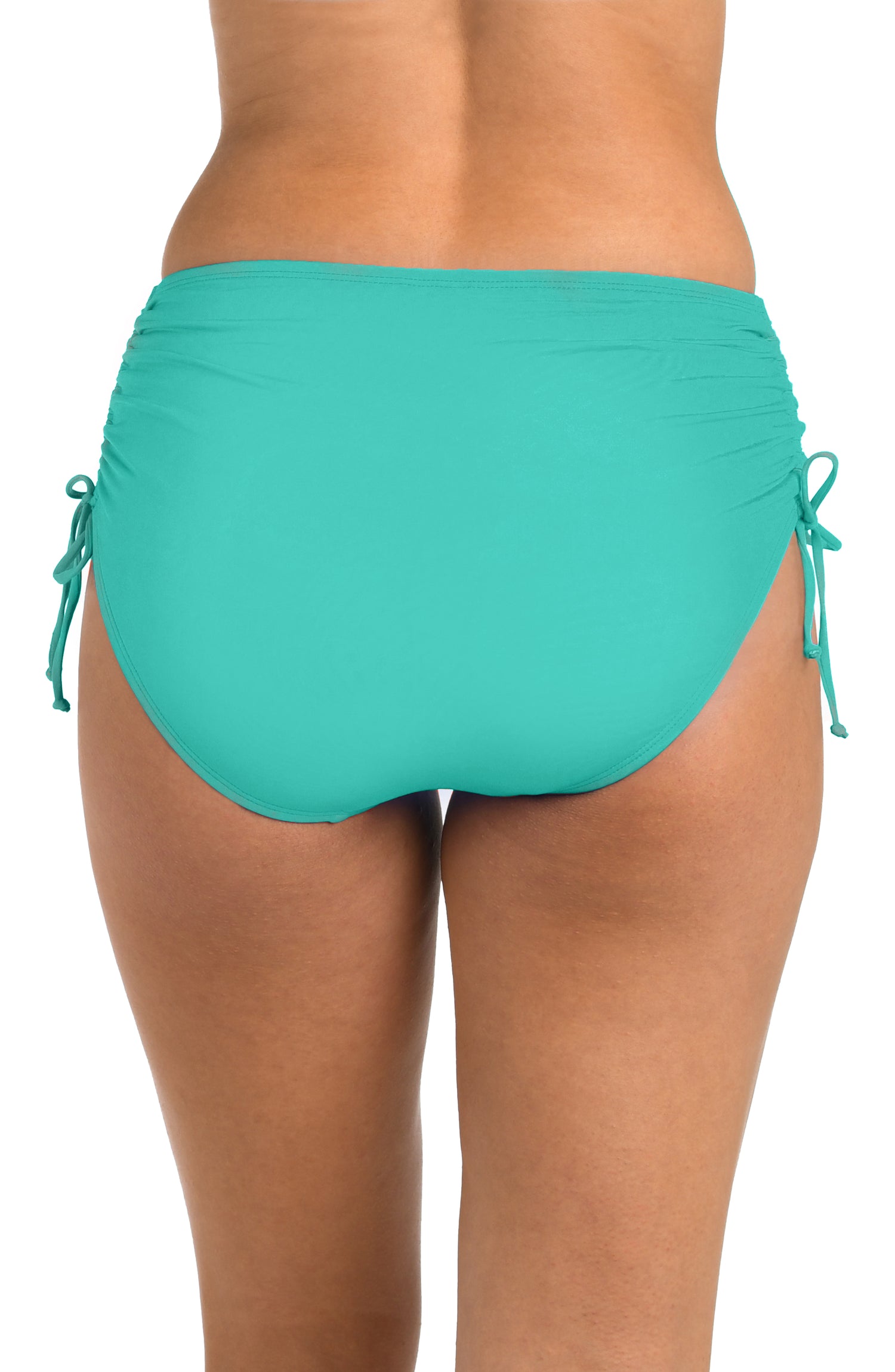 Back image of model wearing the 24th & Ocean Solid Mid Waist Side Tie Hipster Bottom in Aquamarine.