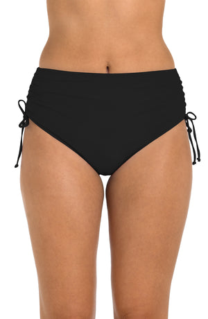 Front image of model wearing the 24th & Ocean Solid Mid Waist Side Tie Hipster Bottom.