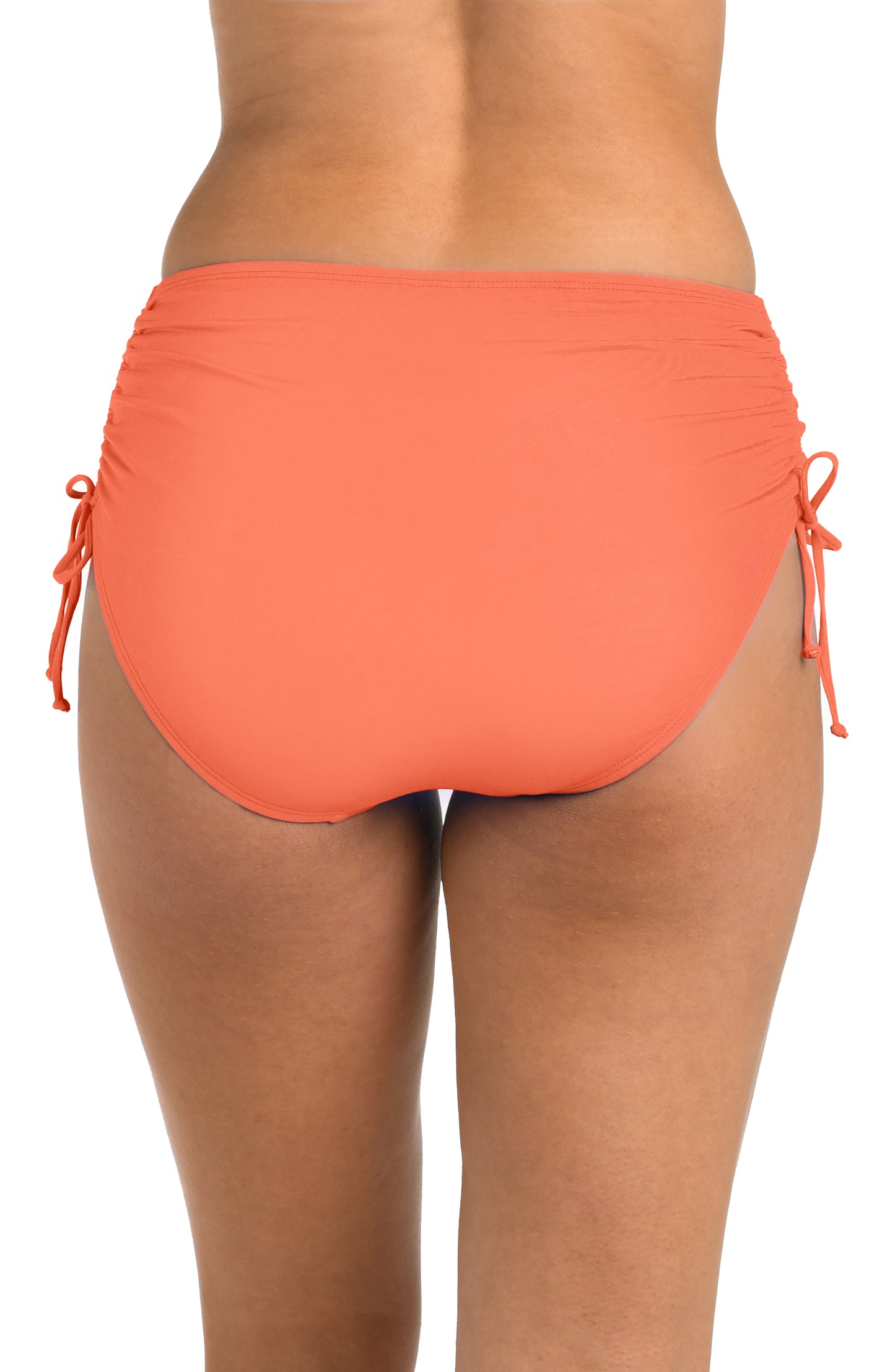 Back image of model wearing the 24th & Ocean Solid Mid Waist Side Tie Hipster Bottom in Coral.