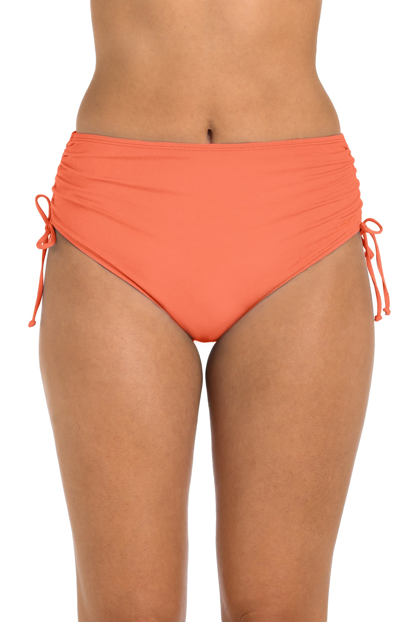 
                  
                    Front image of model wearing the 24th & Ocean Solid Mid Waist Side Tie Hipster Bottom in Coral.
                  
                