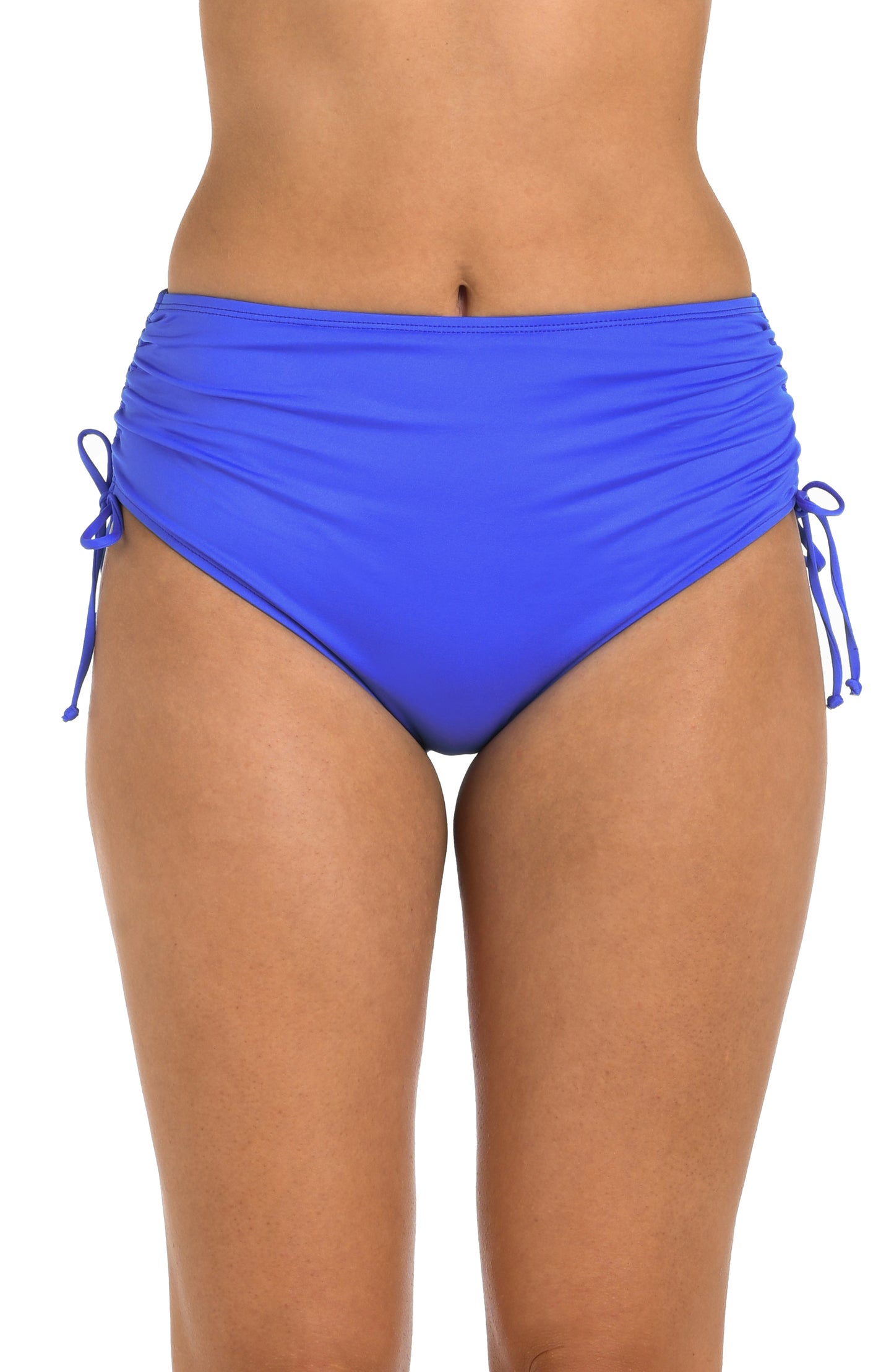 Front image of model wearing the 24th & Ocean Solid Mid Waist Side Tie Hipster Bottom in Periwinkle.