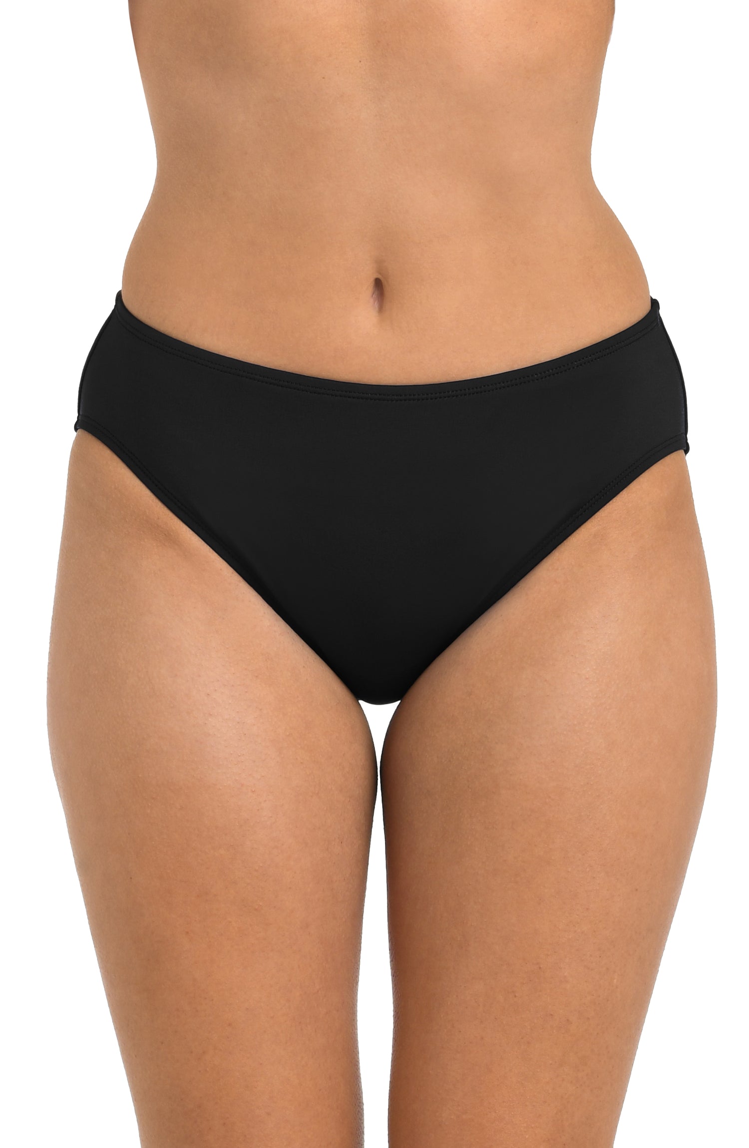 Front image of model wearing the 24th & Ocean Solid Mid Waist Bikini Bottom in Black.