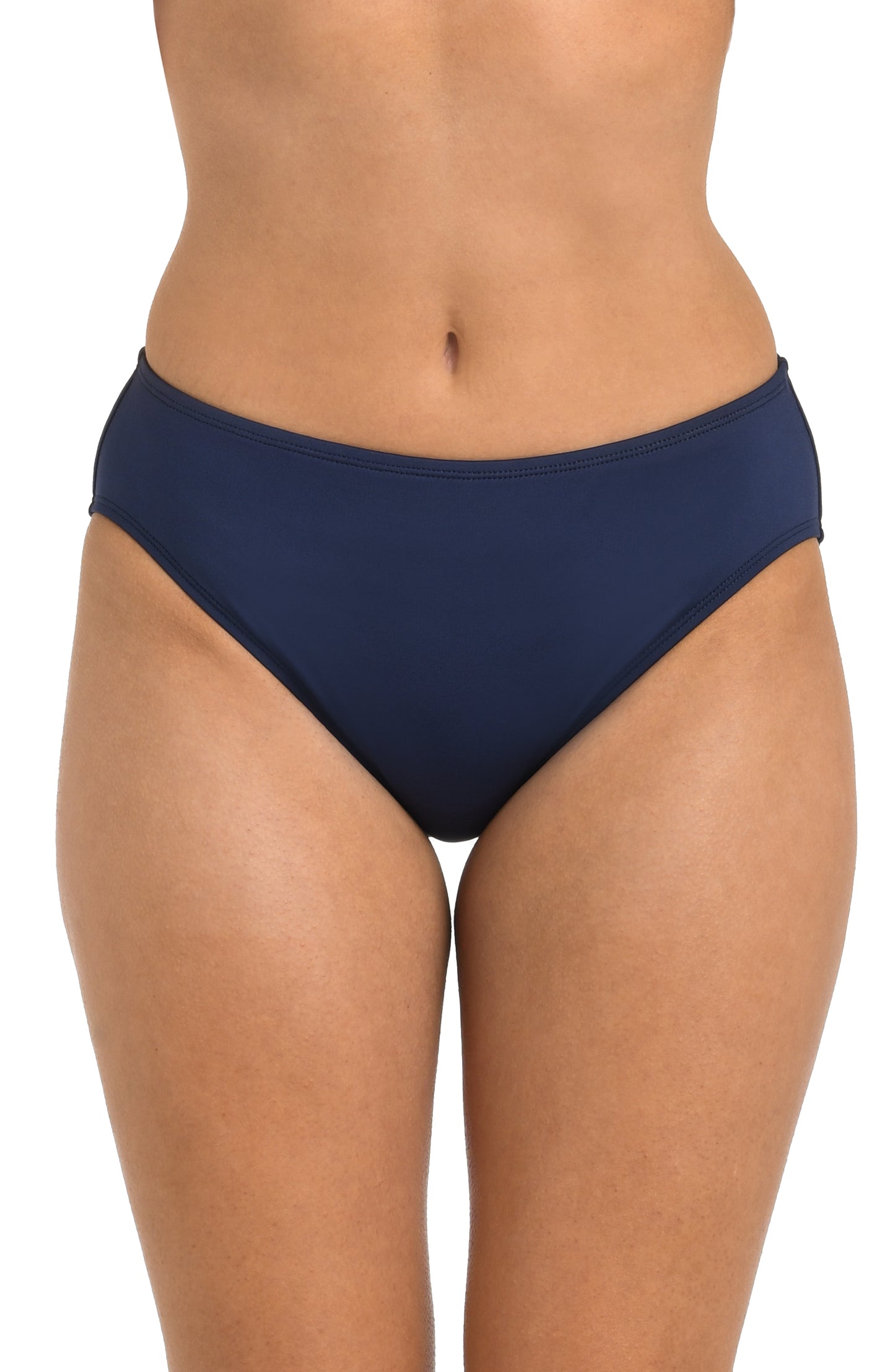 Front image of model wearing the 24th & Ocean Solid Mid Waist Bikini Bottom in Midnight.