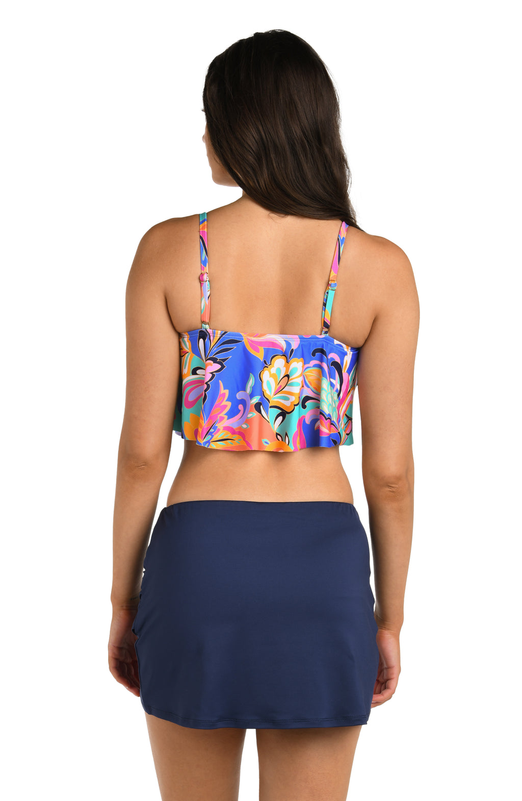 Back image of model wearing the 24th & Ocean Prima Paisley Handkerchief Flounce Midkini Top.