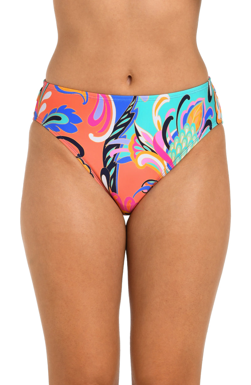 Front image of model wearing the 24th & Ocean Prima Paisley Mid Waist Bikini Bottom.